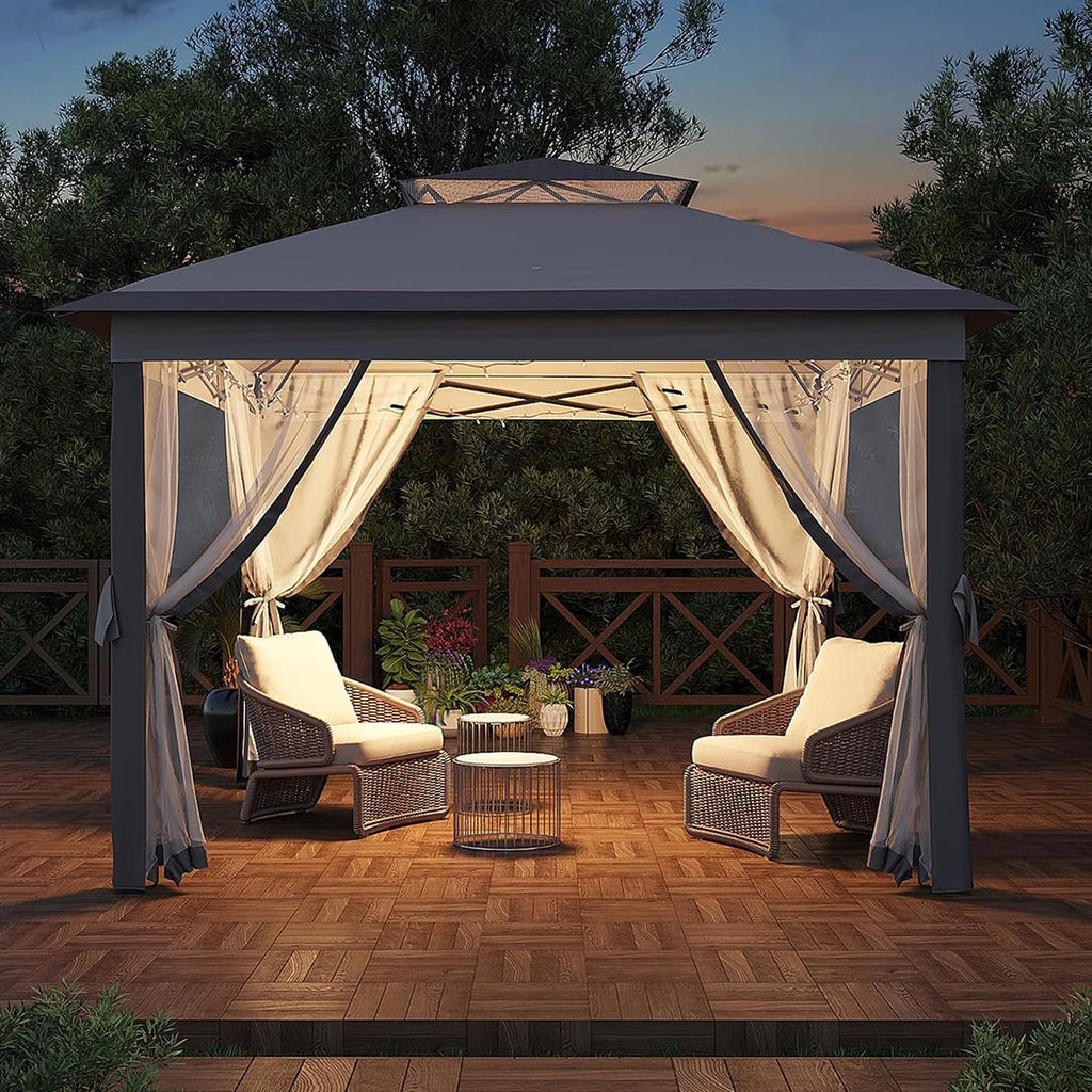 11x11ft Gazebo Tent with Mosquito Netting, Pop Up Gazebo, Mesh Screen with 4 Ropes, 8 Stakes, 4 Sandbags and Storage Bag, Outdoor Canopy for Backyard & Patio Furniture