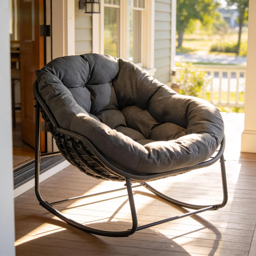 Oversized Outdoor Papasan Rocking Chair with Soft Cushion, Comfy Patio Egg Chair, Wicker Lounge Rocker for Balcony/Porch/Garden, Reinforced All Weather Rattan Frame, 330 lbs Support, Dark Grey