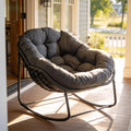 Oversized Outdoor Papasan Rocking Chair with Soft Cushion, Comfy Patio Egg Chair, Wicker Lounge Rocker for Balcony/Porch/Garden, Reinforced All Weather Rattan Frame, 330 lbs Support, Dark Grey