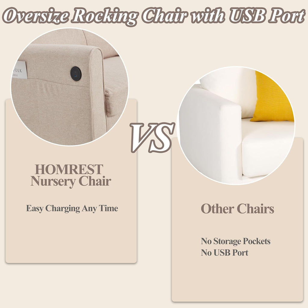 HOMREST Rocking Chair, Upholstered Nursery Rocking Chair with High Back and Side Pocket USB Port, Double Wide Rocker Glider Chairs with Wood Legs for Living Room, Bedroom, Nursery, Beige