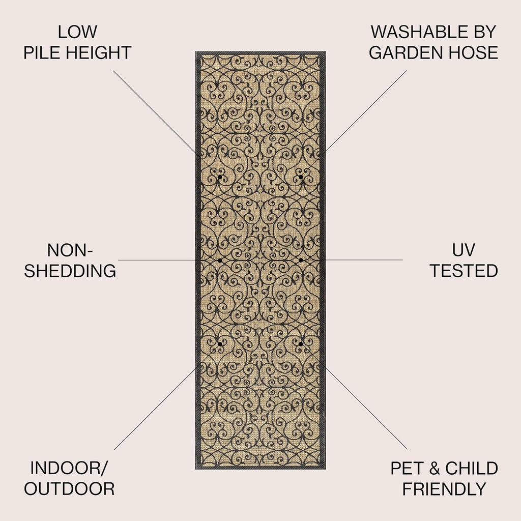 JONATHAN Y Vintage Filigree Indoor Outdoor Runner Rug 2X14 Black/Khaki, Madrid Textured Weave for Backyard, Patio, Porch, Easy-Cleaning, High Traffic, Pet-Friendly, Non-Shedding (SMB107A-214)