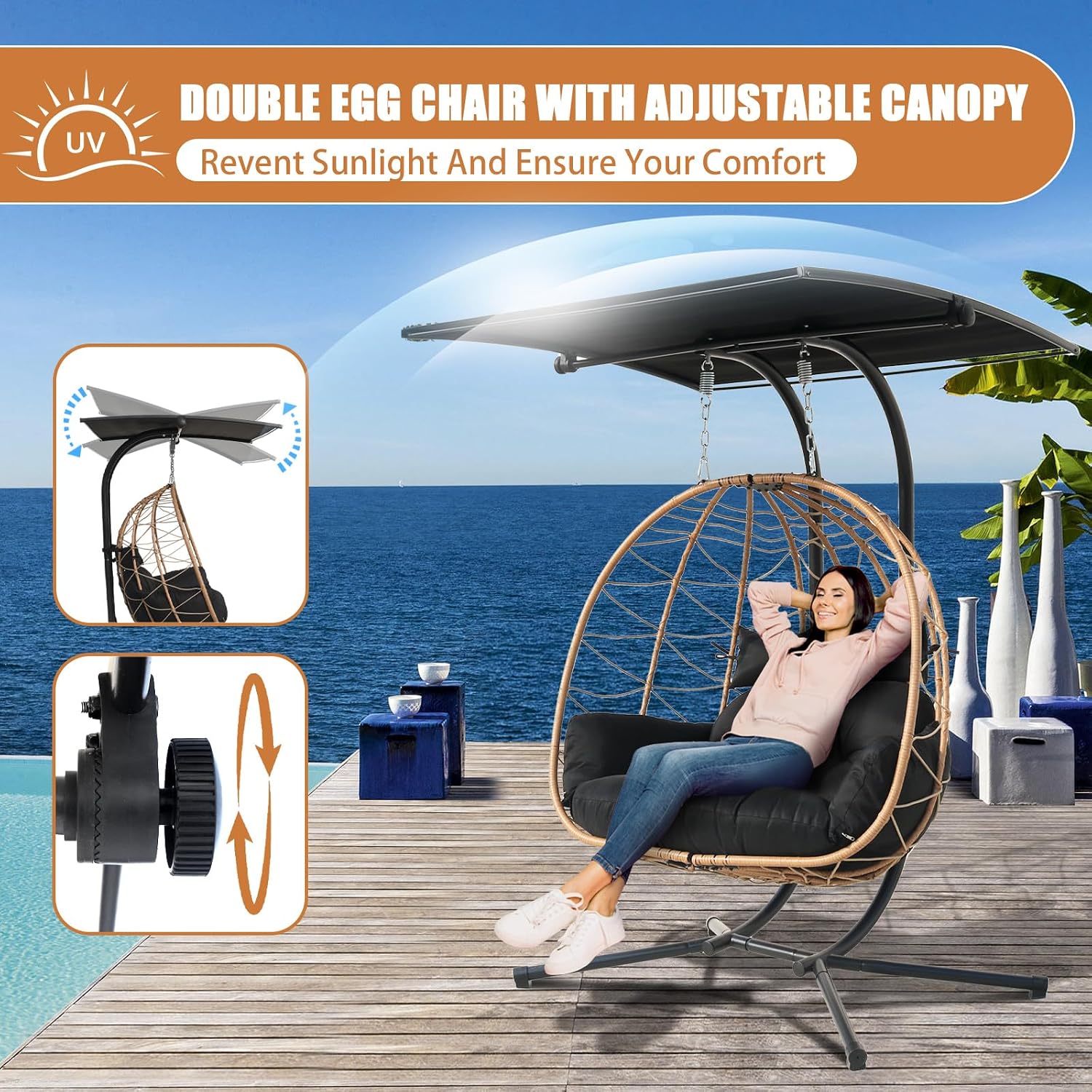 Double Egg Swing Chair With Stand & Adjustable Canopy, Outdoor Indoor Hanging Egg Chair, Handwoven Pe Rattan Loveseat With Uv-Resistant Cushions, 680Lbs Capacity For Patio, Garden, Balcony (Black)