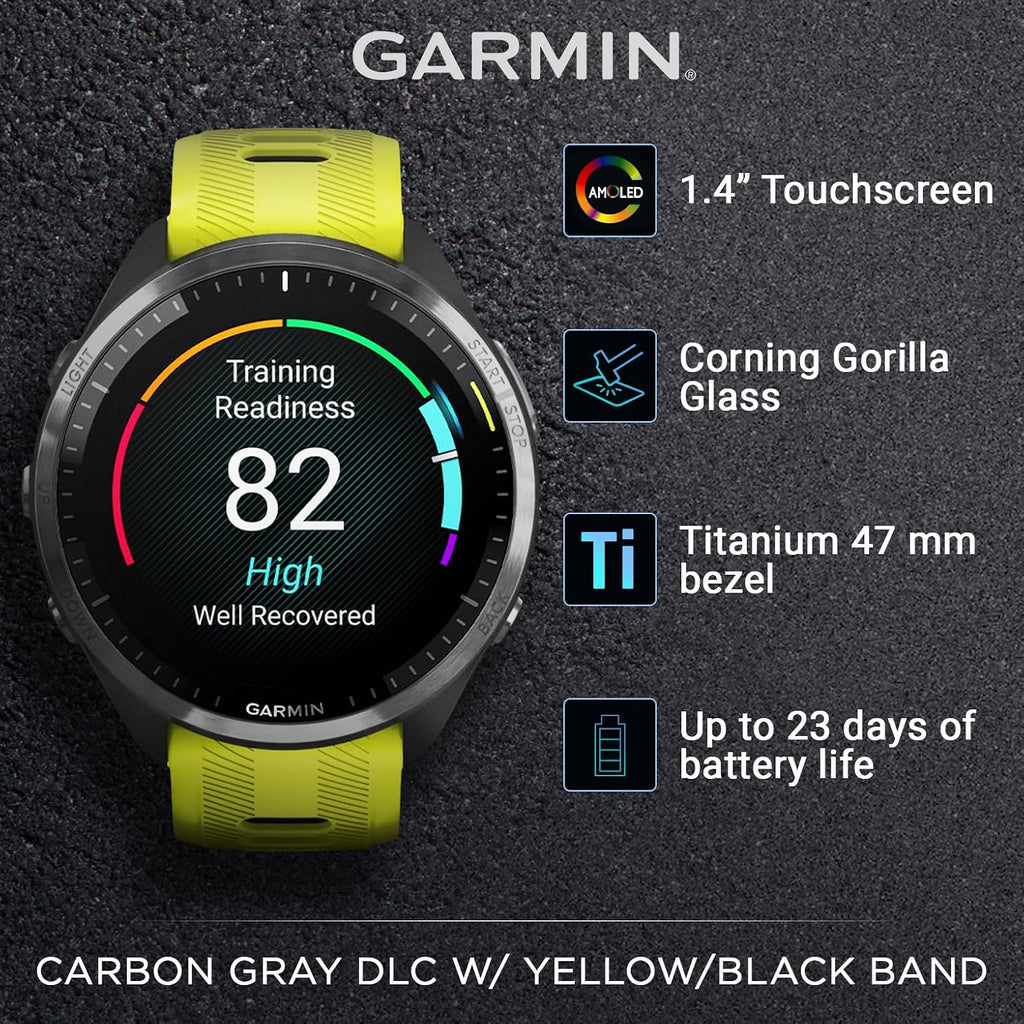 Garmin Forerunner 965 Premium GPS Running and Triathlon 47 mm Smartwatch with AMOLED Touchscreen Display, Carbon Gray DLC Titanium Bezel and Yellow Silicone Band + Black Earbuds Bundle