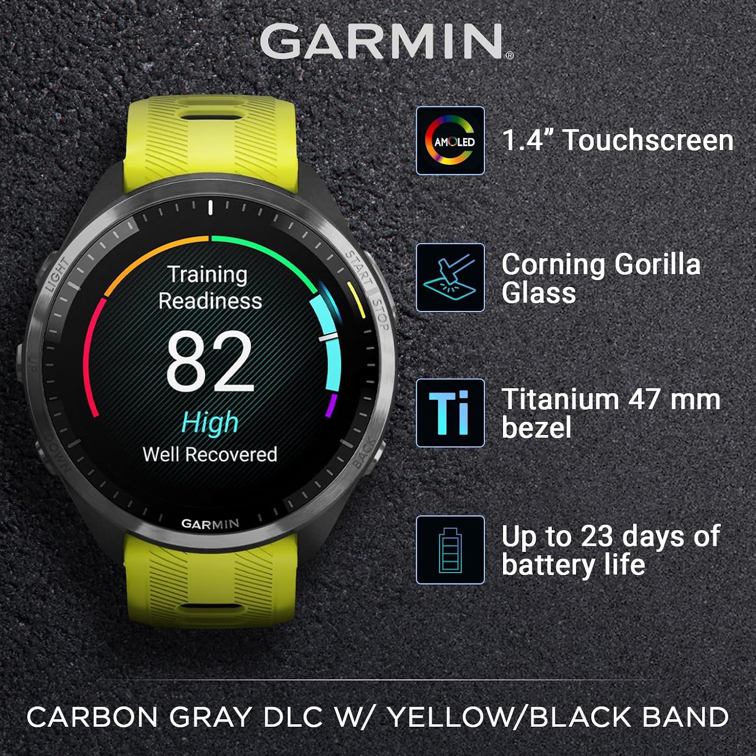 Garmin Forerunner 965 Premium GPS Running and Triathlon 47 mm Smartwatch with AMOLED Touchscreen Display, Carbon Gray DLC Titanium Bezel and Yellow Silicone Band + Black Earbuds Bundle