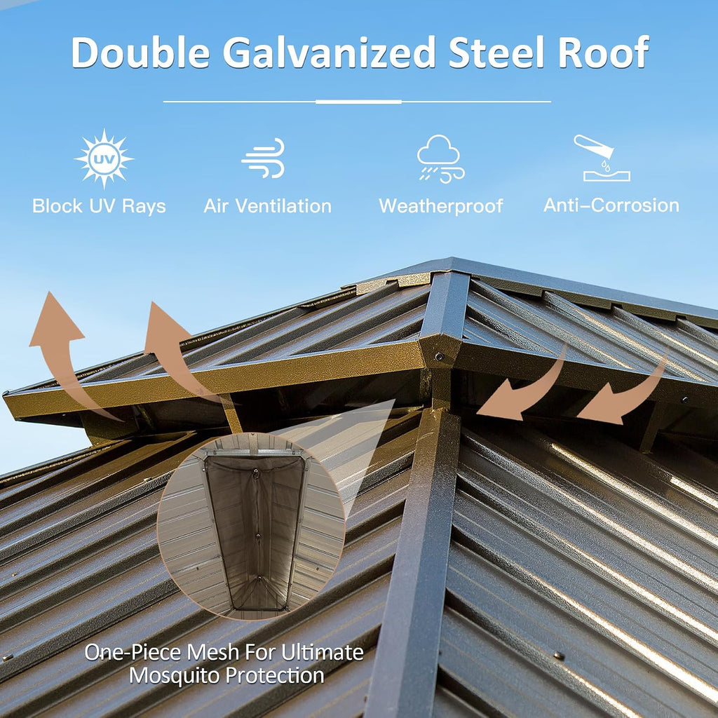 Domi 10'x12' Hardtop Gazebo with Gutters, Outdoor Metal Gazebo for Patios with Galvanized Steel Double Roof, Heavy Duty Curtains and Netting Included, Pergola for Backyard, Garden Lawn, Deck, Brown