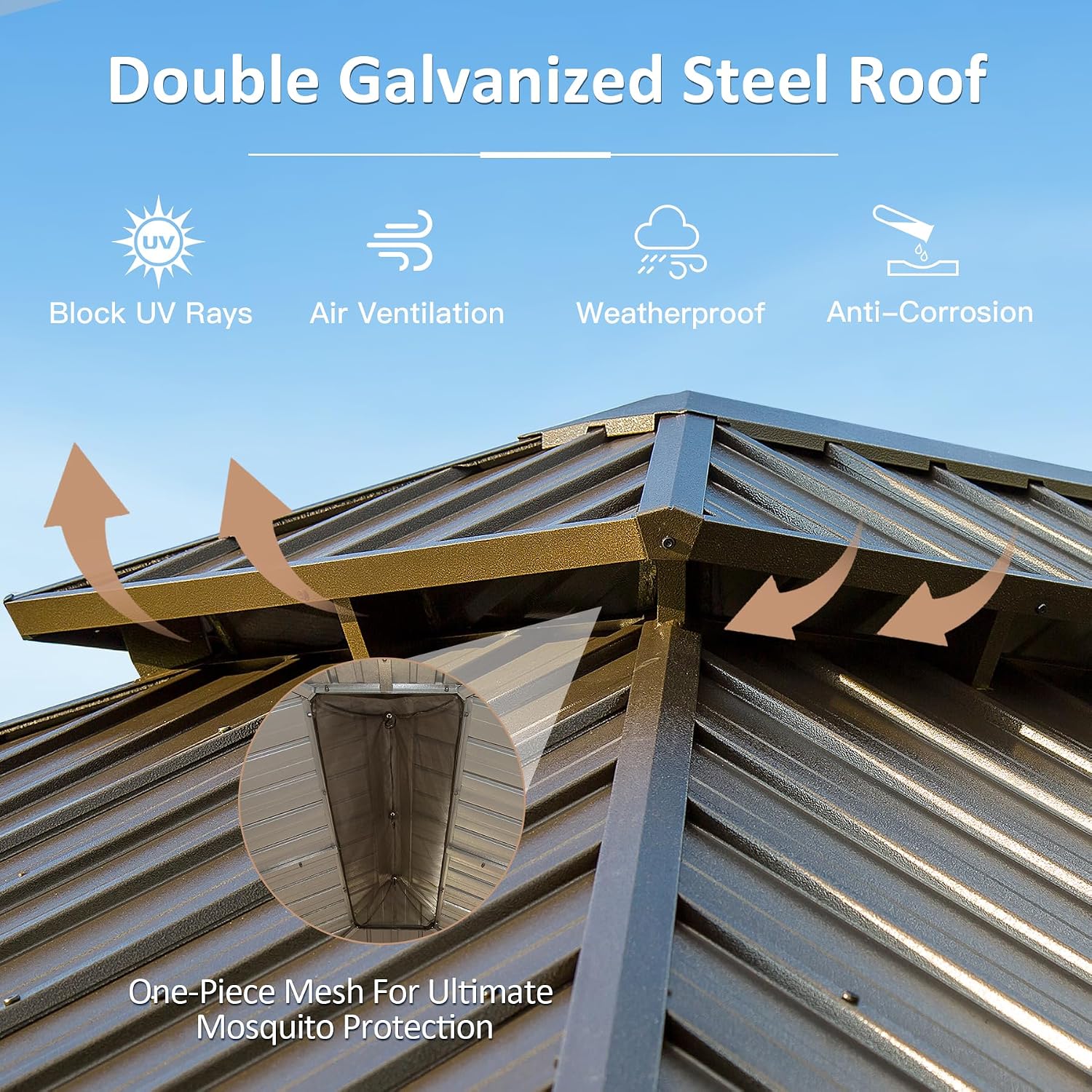 Domi 10'x12' Hardtop Gazebo with Gutters, Outdoor Metal Gazebo for Patios with Galvanized Steel Double Roof, Heavy Duty Curtains and Netting Included, Pergola for Backyard, Garden Lawn, Deck, Brown