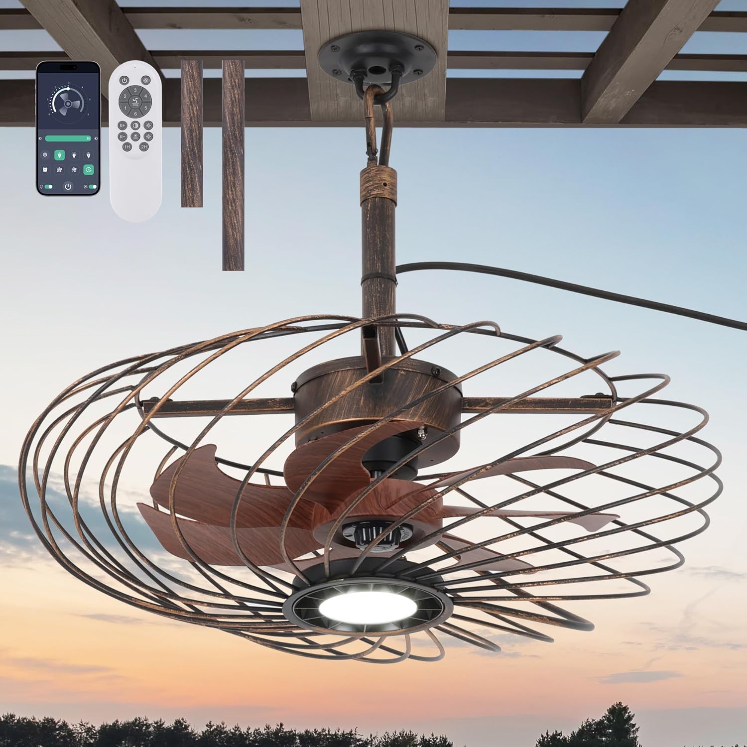 20' Outdoor Ceiling Fan with Light, Waterproof Gazebo Fan Remote Control, Dimmable LED Light, Hanging Black Caged Ceiling Fixtures with Plug in Cord for Patios Pergola, Black Gold