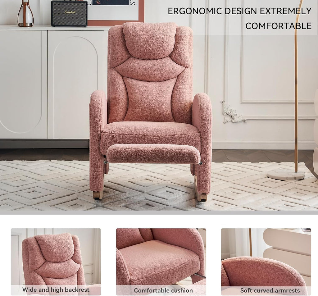 FOXHUNTER Rocking Chair Nursery, Modern Glider Chair with Adjustable Footrest and Solid Wood Legs, High Backrest Nursery Chair with Side Pocket, Rocker Armchair for Living Room Bedroom, Teddy Pink