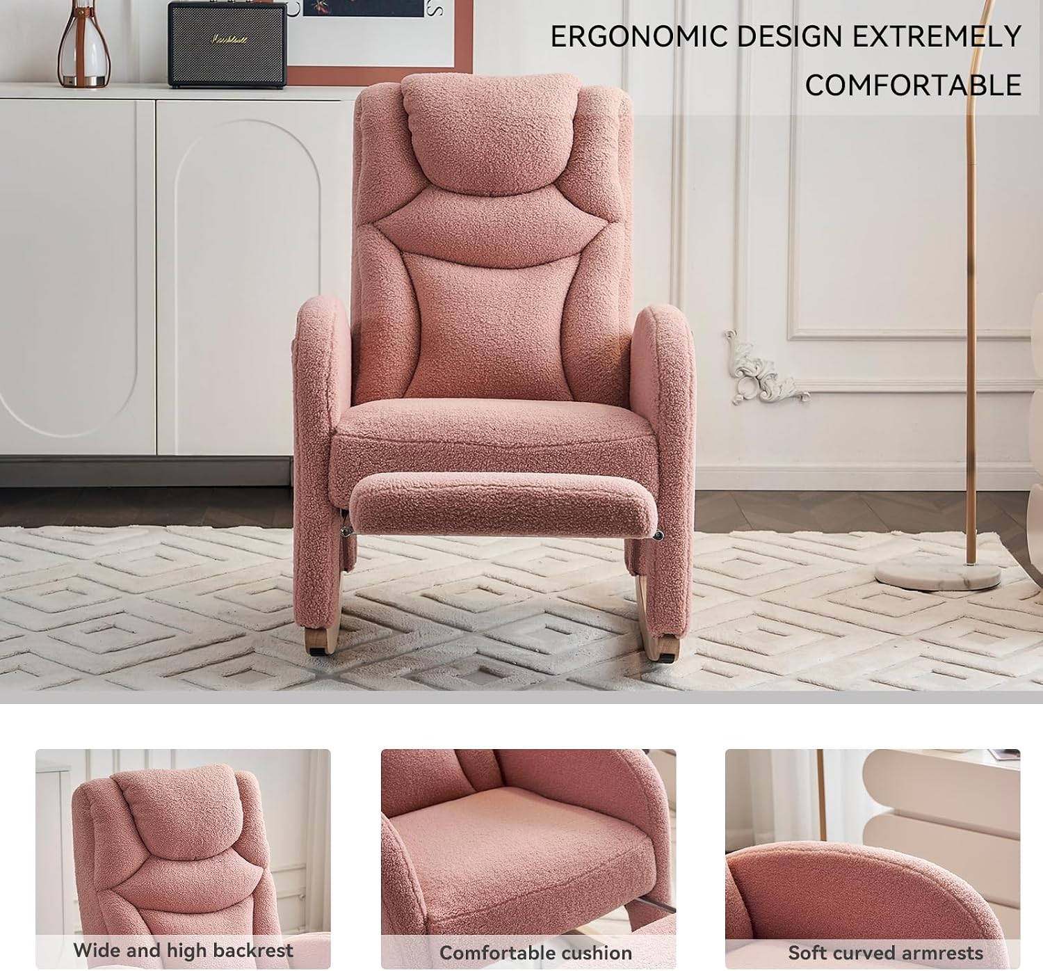 FOXHUNTER Rocking Chair Nursery, Modern Glider Chair with Adjustable Footrest and Solid Wood Legs, High Backrest Nursery Chair with Side Pocket, Rocker Armchair for Living Room Bedroom, Teddy Pink