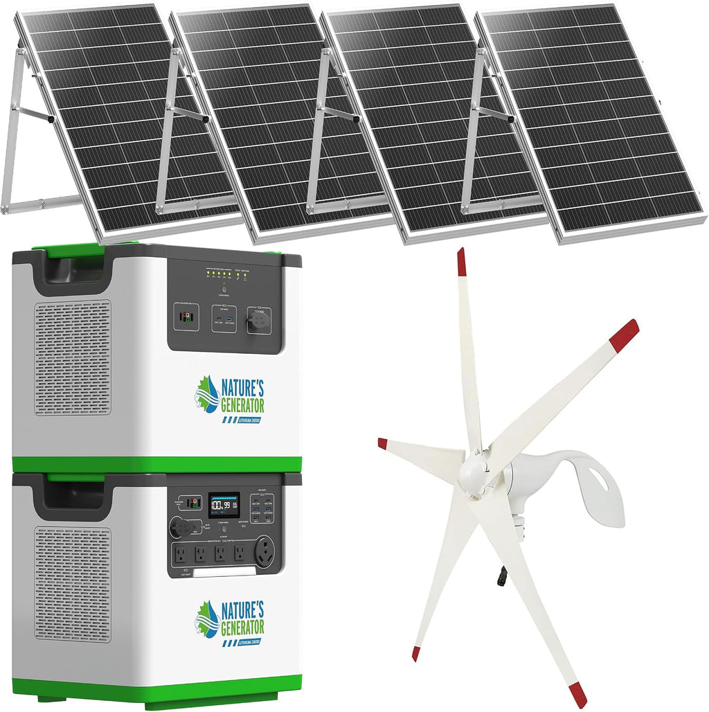 Nature's Generator Lithium 3600 Platinum WE,1 x Lithium 3600 + 1 x Pod + 4x 100w Panels + 50' Cable + 1 x Wind Turbine