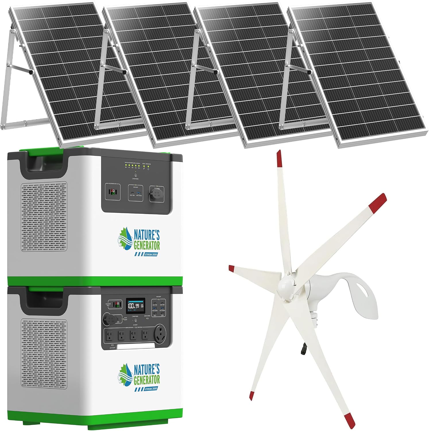 Nature's Generator Lithium 3600 Platinum WE,1 x Lithium 3600 + 1 x Pod + 4x 100w Panels + 50' Cable + 1 x Wind Turbine