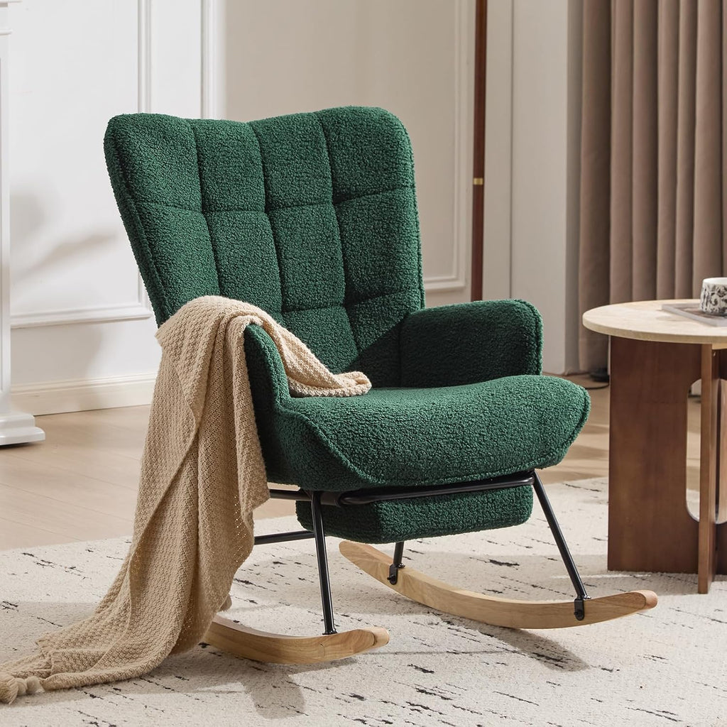 Furniliving Nursery Rocking Chair Upholstered Glider Rocking Chair Modern Accent Chair with Retractable Footrest Reading Chair with High Backrest Comfy Chair for Living Room, Green, Teddy