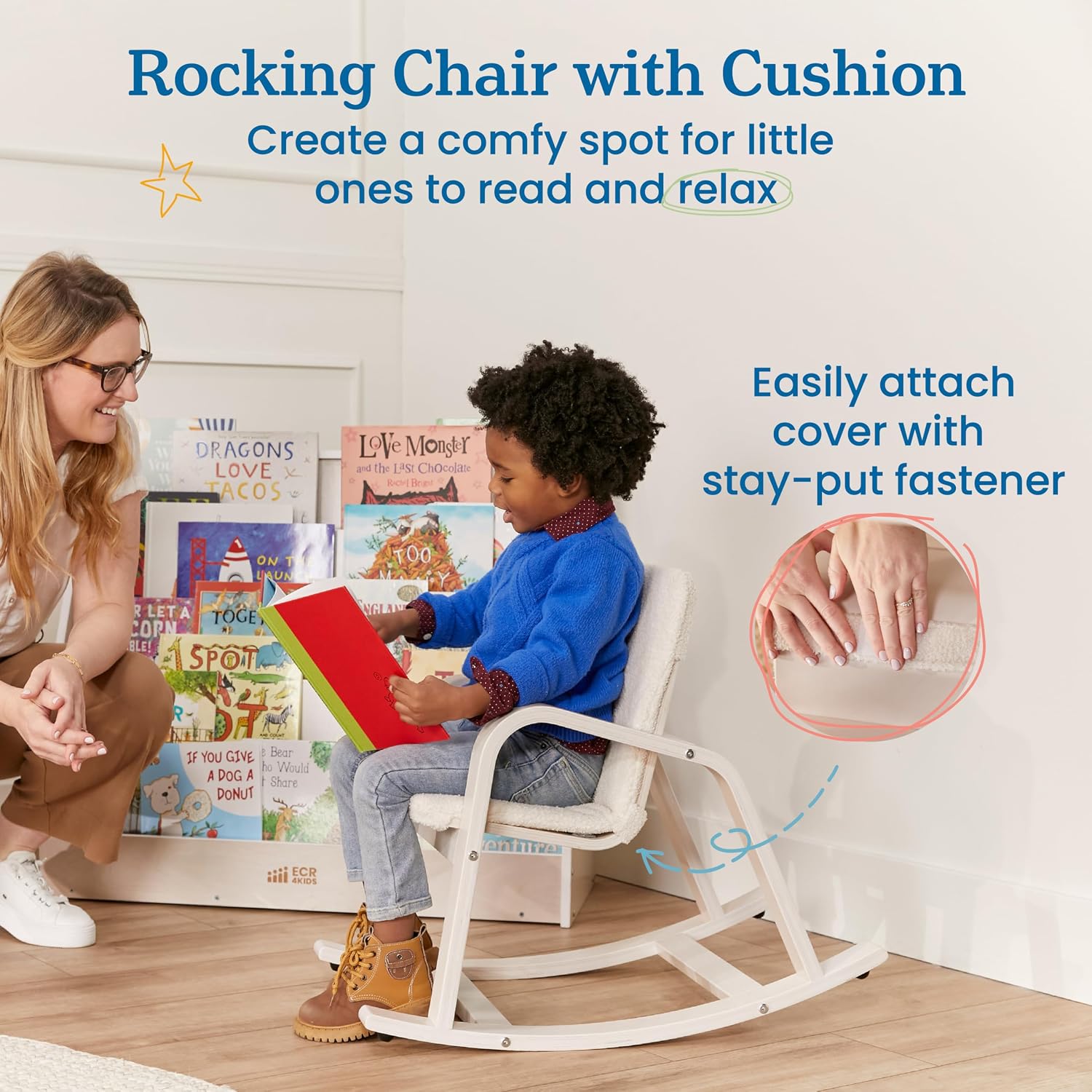 ECR4Kids Bentwood Reading Rocking Chair with Armrests and Cushion, Montessori Furniture, White Wash