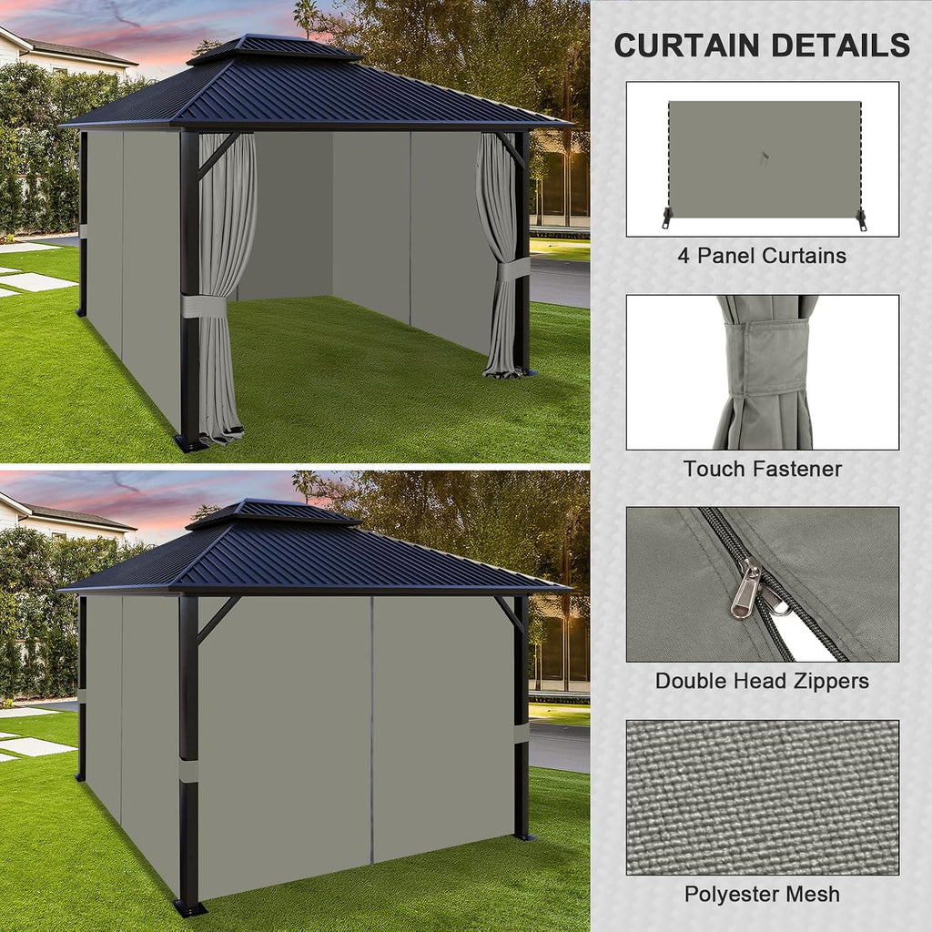 Aoodor 12x14 ft Outdoor Gazebo Curtains, 4 Panels Waterproof Privacy Sidewall Replacement with Zipper for Patio Pergola and Canopy, Gray