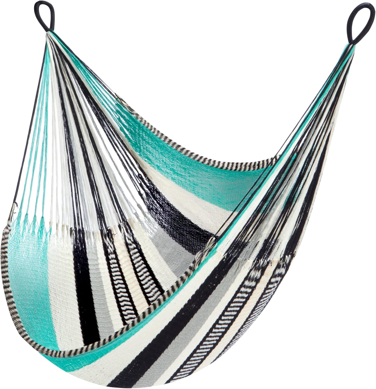 Handwoven Hanging Chair by Yellow Leaf Hammocks - Fits 1 Person, 330lb Max - Kick Back for Full-Body Recline - Weathersafe, Ultra Soft, Hang Anywhere - Color: Turquoise - Black -White