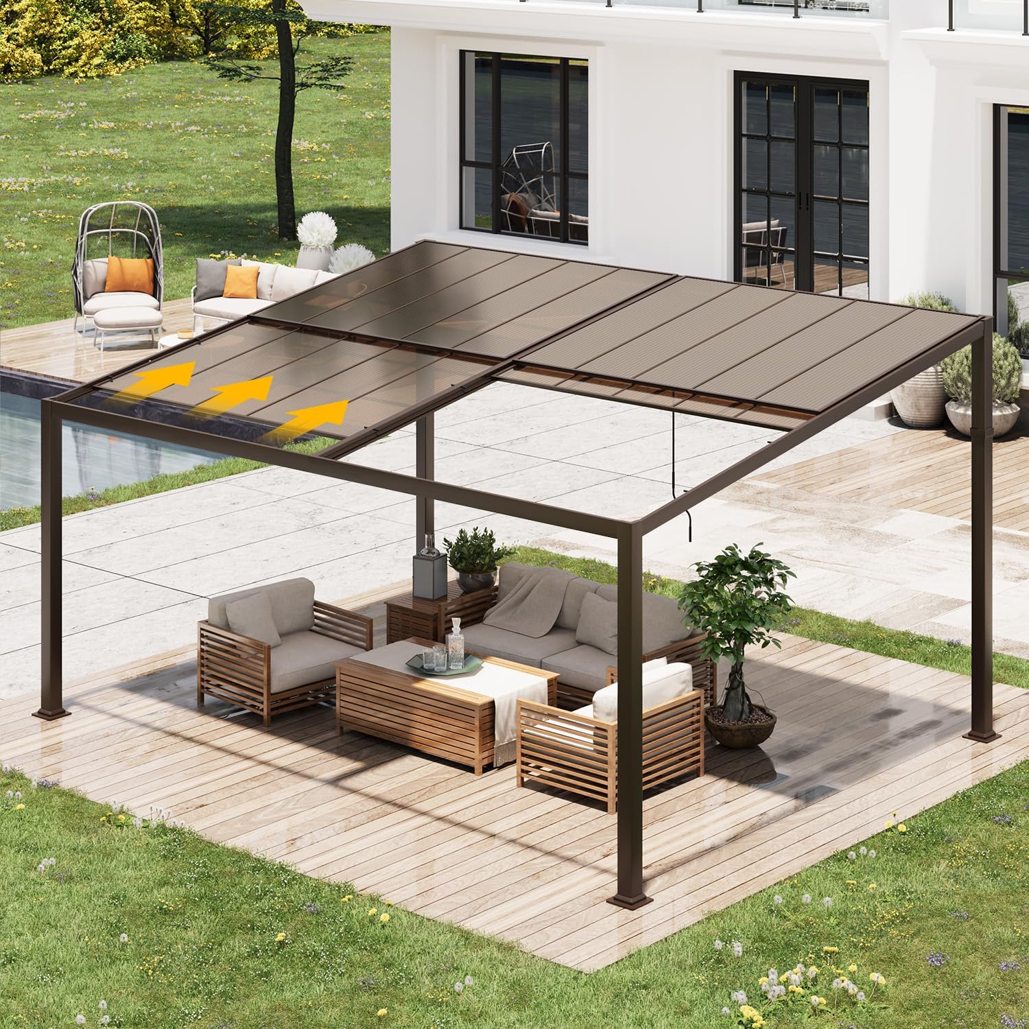 Gazebo 12x16 with Adjustable Polycarbonate Roofs, All Aluminum Frame Permanent Pergola for Patio, Outdoor Freestanding Shelter, Dark Brown