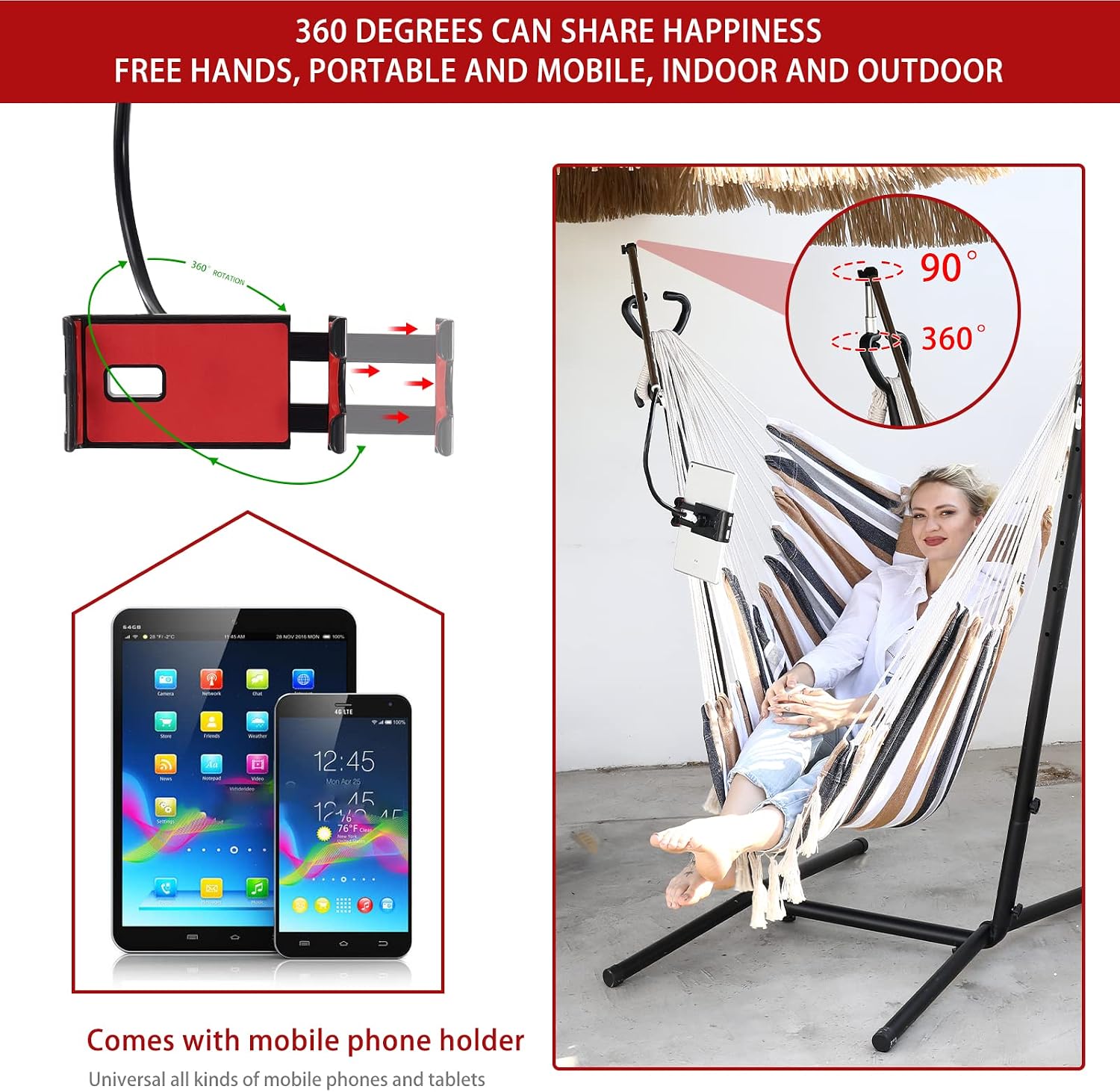 ZEYU Hammock Chair with Stand Double Hammock Chair Bohemian Style with Tassel Mobile Phone Support Manual Adjustable Swing Indoor and Outdoor Garden Porch with Floor mat Reclining Capacity 400 pounds