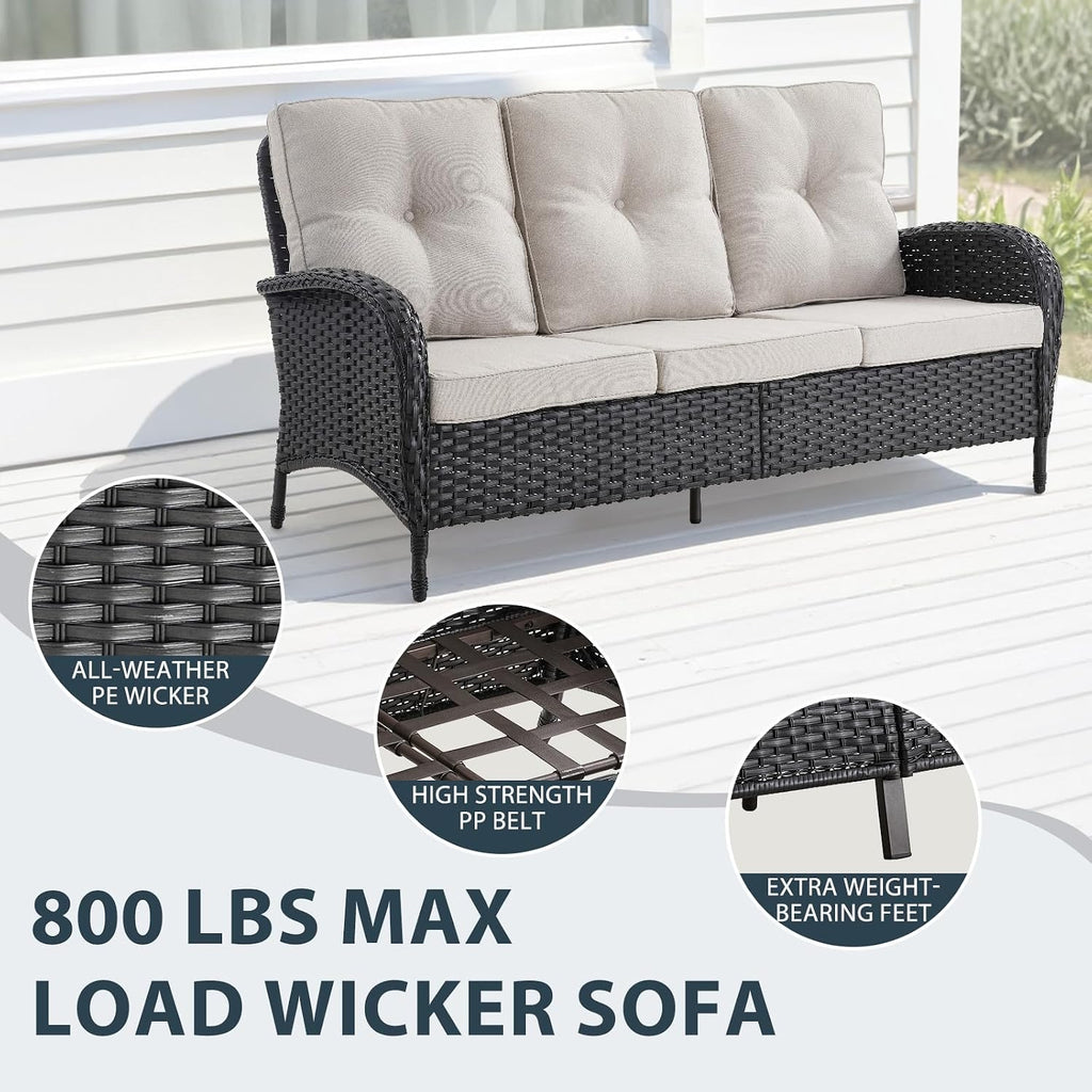 5 Piece Patio Furniture Sets with Fire Pit Table - Wicker Patio Conversation Sets with Swivel Glider, Loveseat, Tempered Glass Side Table for Deck Backyard - Black Wicker Beige Cushion