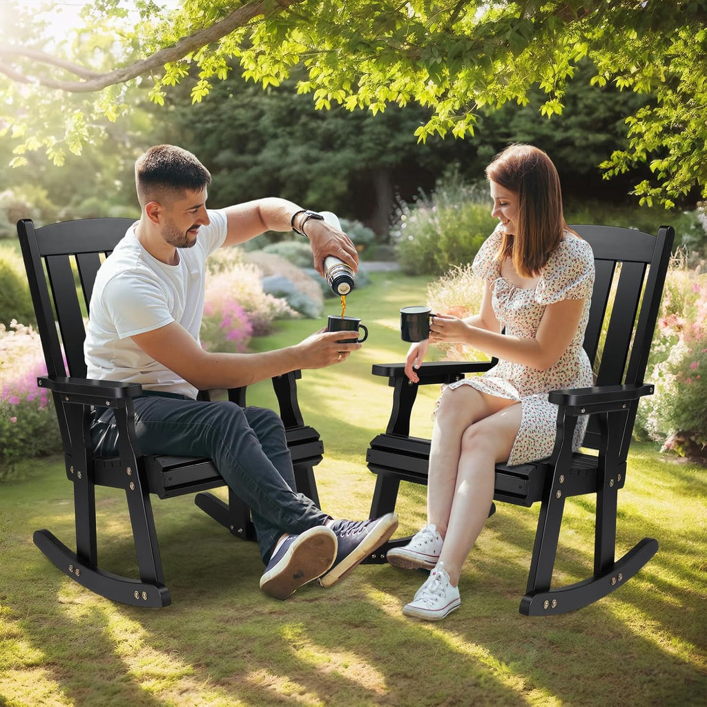 VINGLI Outdoor Rocking Chair, Heavy Duty 600 LBS Wooden Rocking Bench with Comfortable Backrest, Weatherproof Patio Rocker with Ergonomic Design, Wood Rocking Chair for Patio, Garden (Black, 2 PCS)