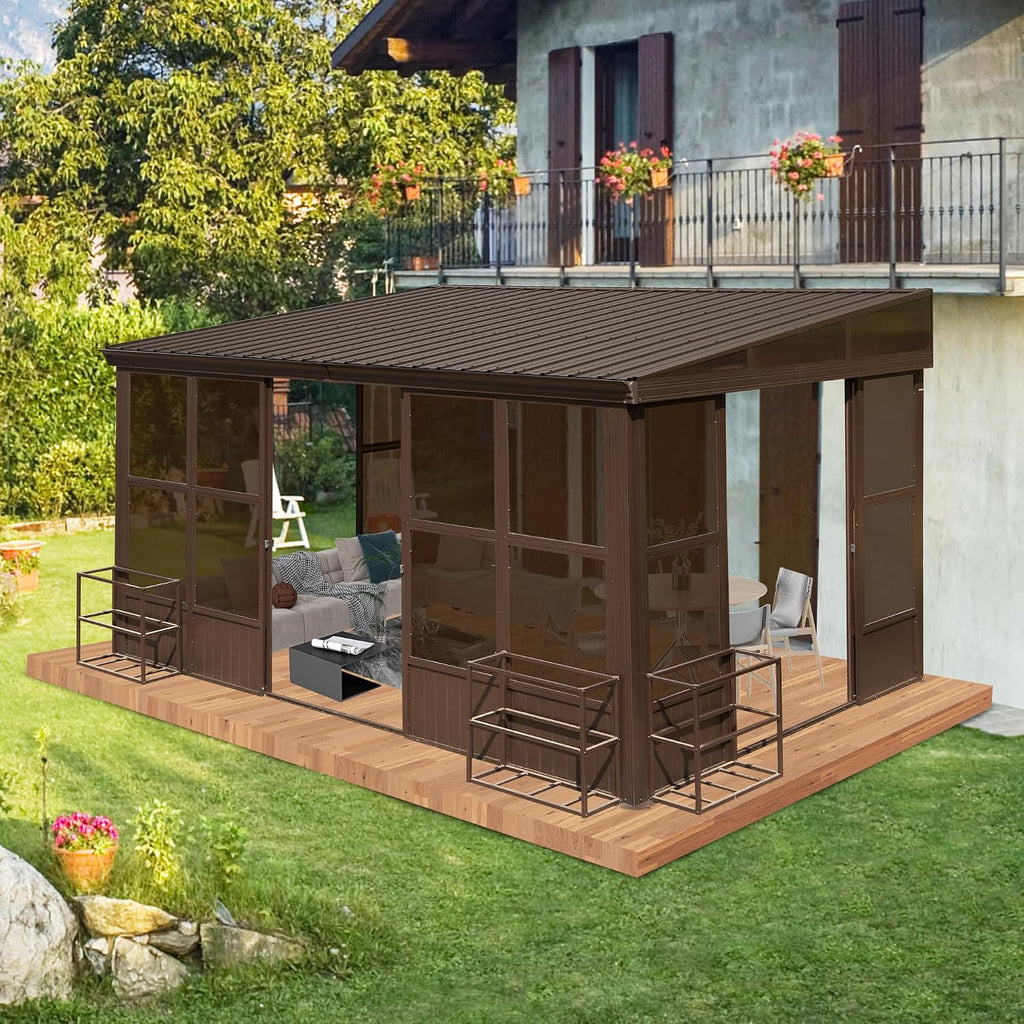 Domi 10x12FT Sunroom, Wall Mounted Sunroom Kit with Galvanized Steel Sloping Roof, Outdoor Sunroom Gazebo with Detachable PC Screen, 3 Sliding Double Doors, Lean to Sun Room for Patio, Deck