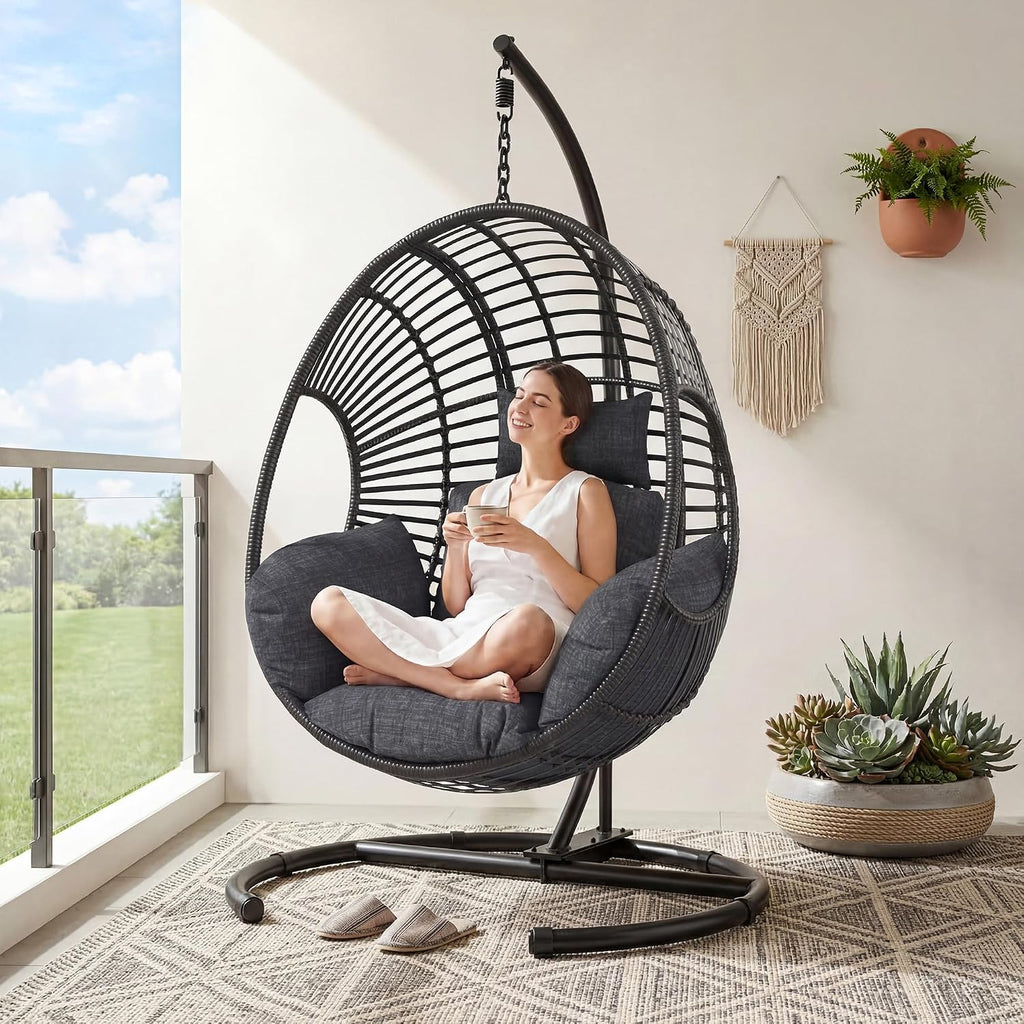 Oversized Hanging Egg Chair with Stand Outdoor Wicker Swing Chair Comfy Hammock Egg Shaped Chair 400lbs Capacity for Patio, Garden and Balcony