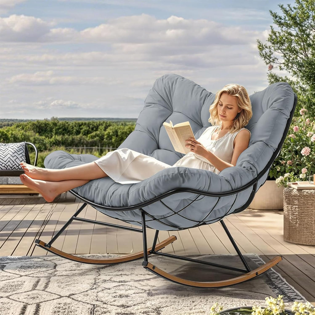 Outdoor Rocking Chair Cushion – Waterproof Wicker Egg Chair Replacement Pad, Thick Papasan Seat Cushion with Ties for Indoor & Outdoor Patio, Porch, Balcony, or Garden (Light Gray)