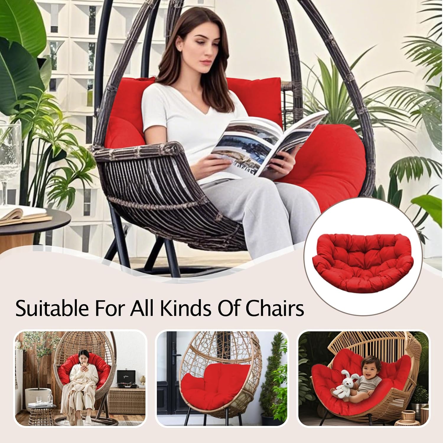 Thickened Waterproof Papasan Rocking Chair Cushion – 6.3'' Patio Egg Chair Pad with Ties, Outdoor/Indoor Rattan Hammock Chair Cushion for Porch, Garden, Balcony (Only Cushion) (Red)