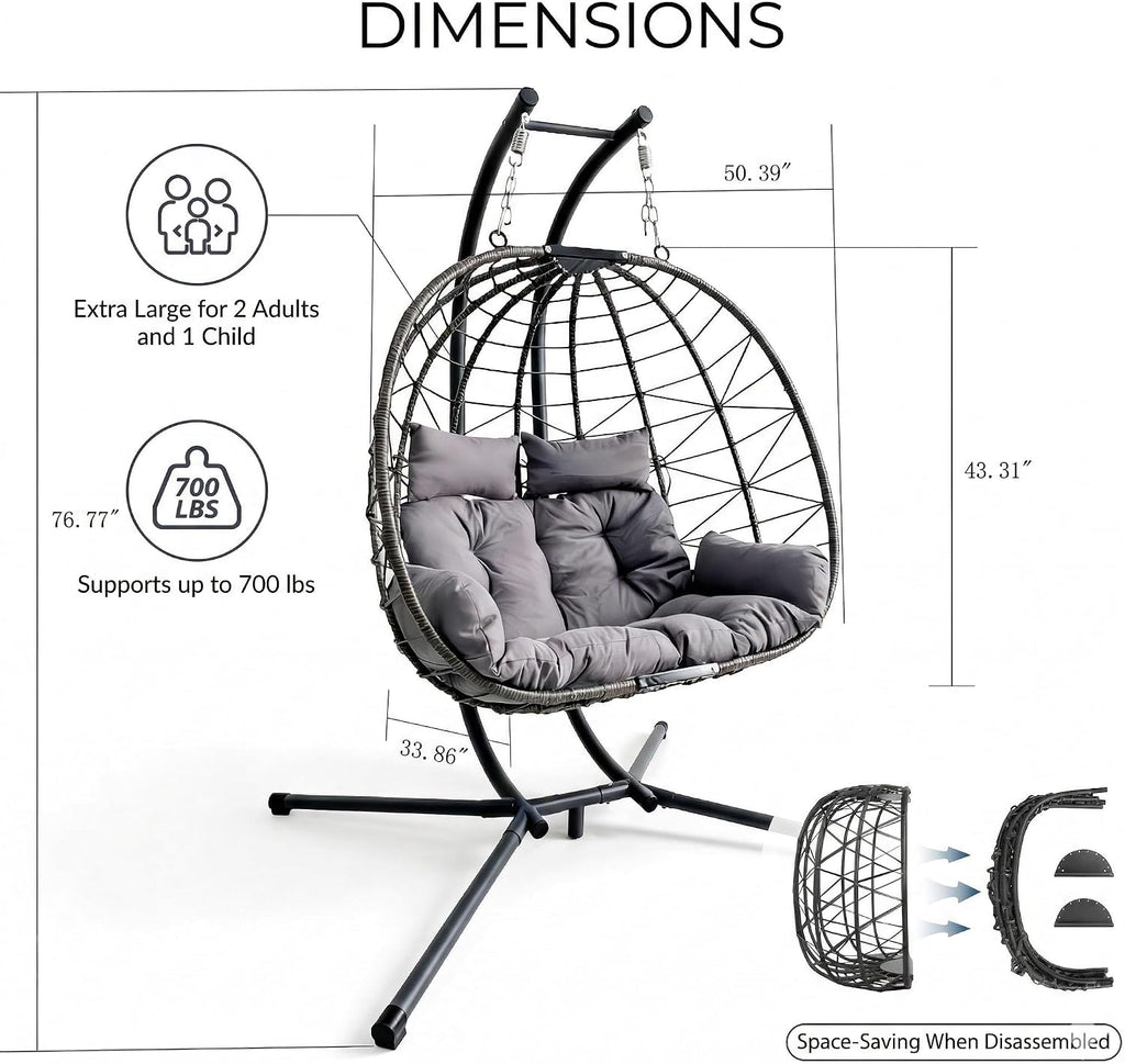 JOYBASE Double Swing Egg Chair with Stand, 2-Person Hanging Egg Chair Wicker Rattan Oversized Swinging Chair for Outdoor Indoor Garden Patio (Light Grey)