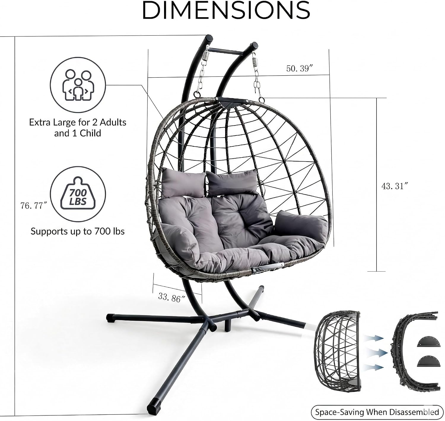 JOYBASE Double Swing Egg Chair with Stand, 2-Person Hanging Egg Chair Wicker Rattan Oversized Swinging Chair for Outdoor Indoor Garden Patio (Light Grey)