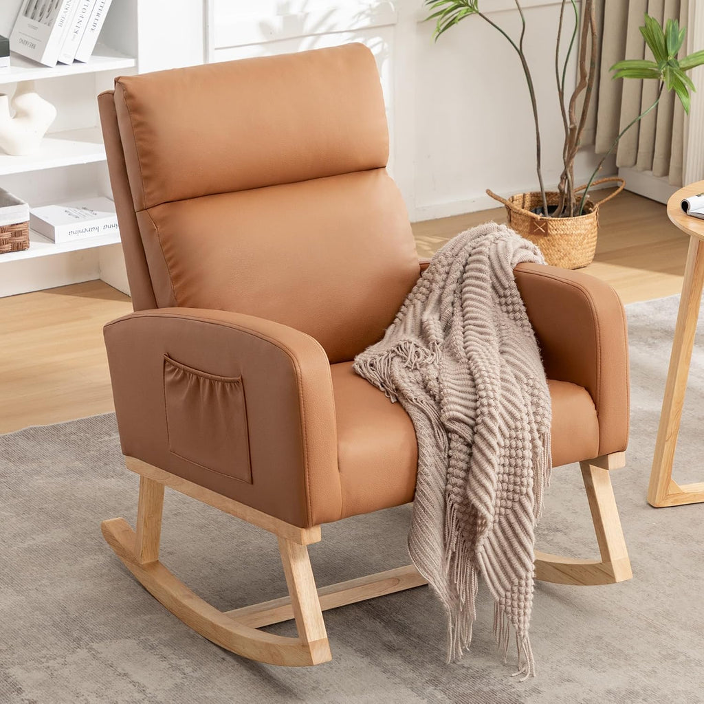 Rocking Chair Nursery, Uplostered Leather Rocker Nursing Chairs with Wood Legs and Side Pocket, Comfortable Glider Roking Chair for Nursery, Living Room, Bedroom,Teddy, Leather Brown