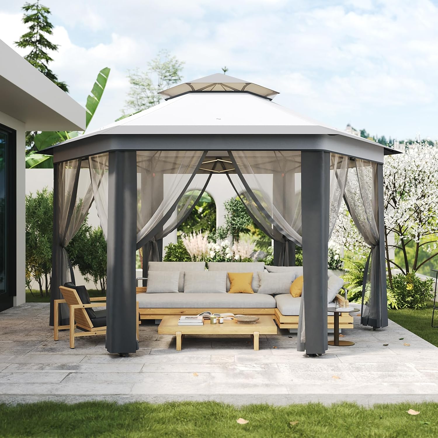 13x13 Ft 6-Sided Pop-Up Gazebo Canopy Tent with Removable Mesh Netting - Waterproof UV Protection Outdoor Instant Shelter for Patio, Backyard, Camping & Beach