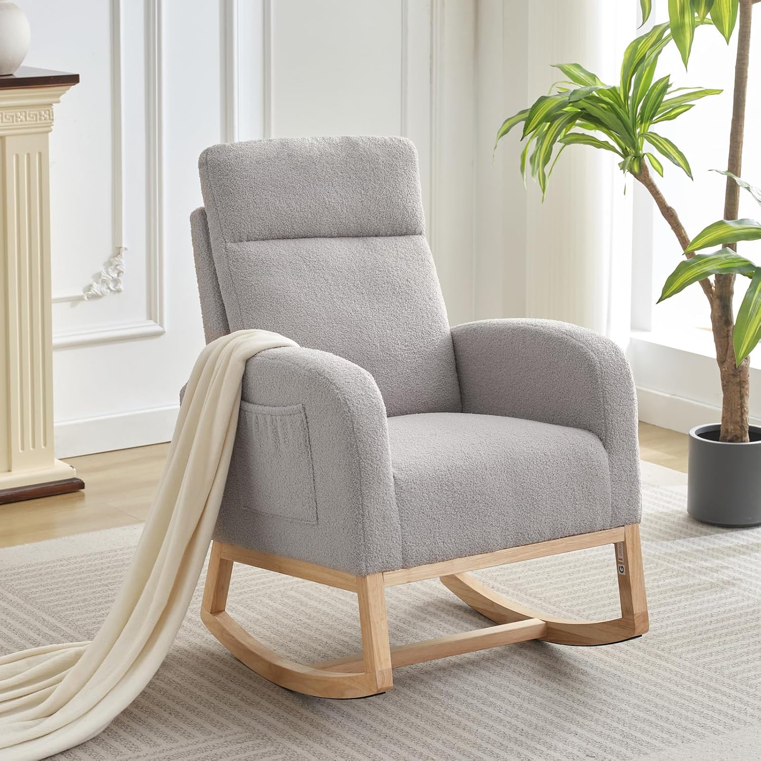 Upholstered Rocking Chair, Glider Chair Nursery Chair with High Back and Side Pocket, Rocking Accent Armchair with Rubber Wood Legs for Living Room/Bedroom/Nursery