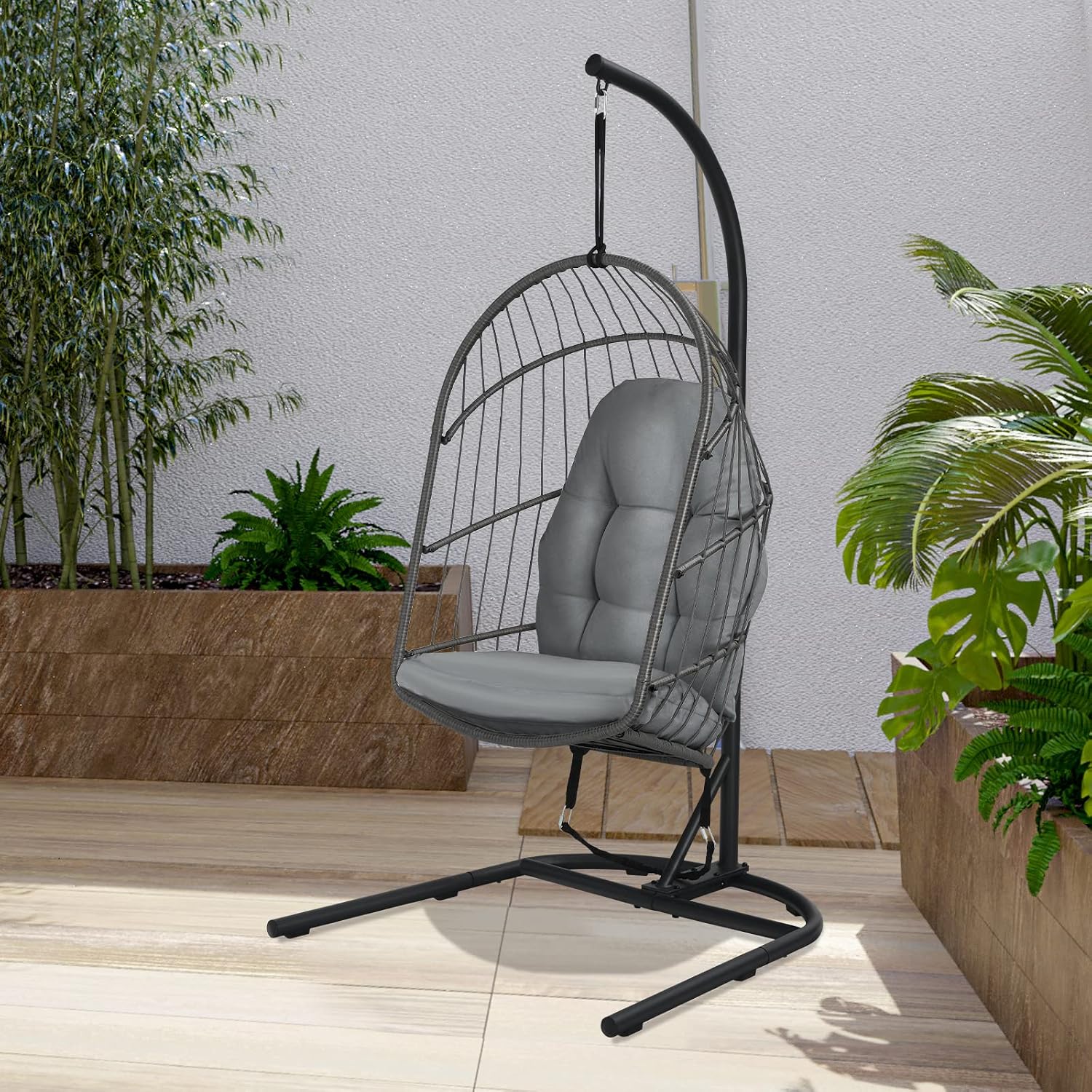 Giantex Hanging Egg Chair with Stand, Outdoor Indoor Foldable Swing Chair with Cushions, Rattan Hanging Basket Chairs with C Hammock Stand, Hanging Hammock Chair for Bedroom Balcony Patio (Grey)