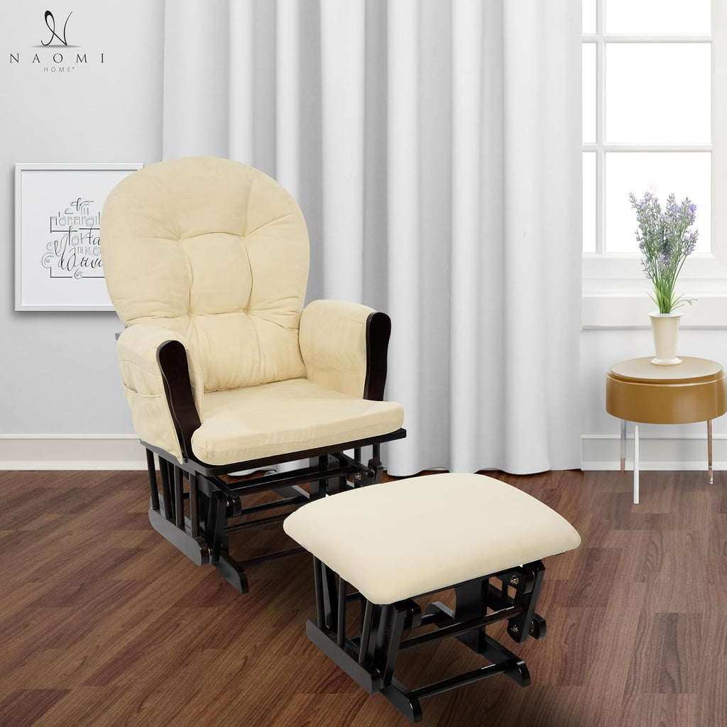 Naomi Home Brisbane Glider and Ottoman Set with Smooth Rocking & Gliding Motion, Ergonomic High-Back Support, Cushioned Armrests, Solid Wood Base, Storage Pockets, Espresso/Cream Nursery Chair