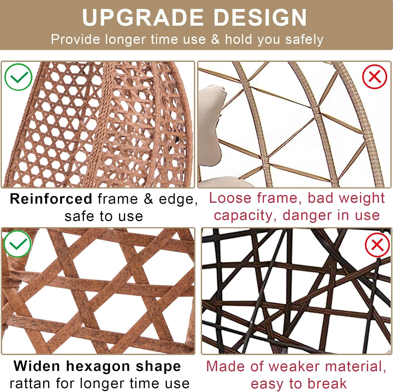Indoor Hanging Chair with Stand for Bedroom, Patio Rattan Wicker Swing Egg Chair for Porch Garden Outdoor, Hammock Egg Swing Chair with UV Resistant Cushion, 350LBS Capacity (Beige)