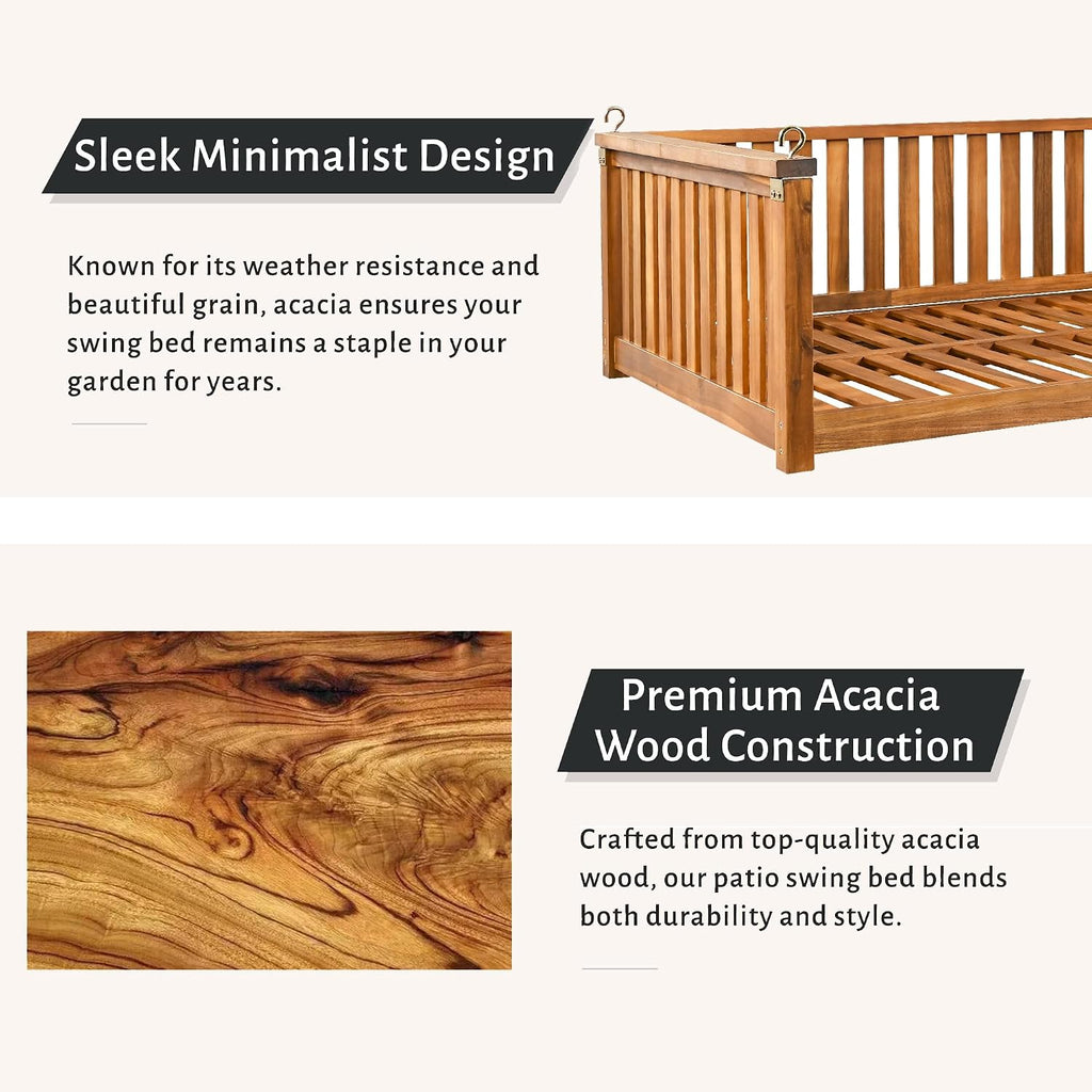 Minimalist 2-Person Acacia Wood Swing Bed, Patio Porch Swing with Ropes for Backyard Garden, Safe Sloped Design (Teak/Acacia)
