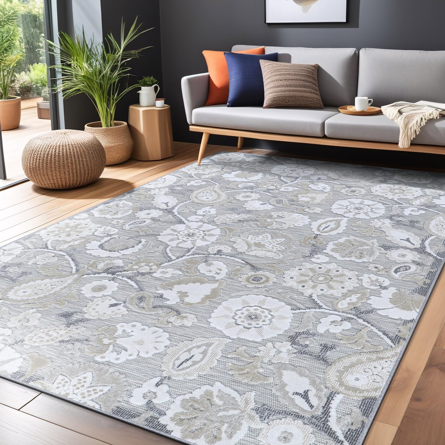 Luul Home Floral Indoor Outdoor Rugs 10x14 Large Area Rug for Living Room, Patio Decor, Kitchen, and Entryway Rug, Washable Stain Resistant Outside Carpet Beige 10 x 14