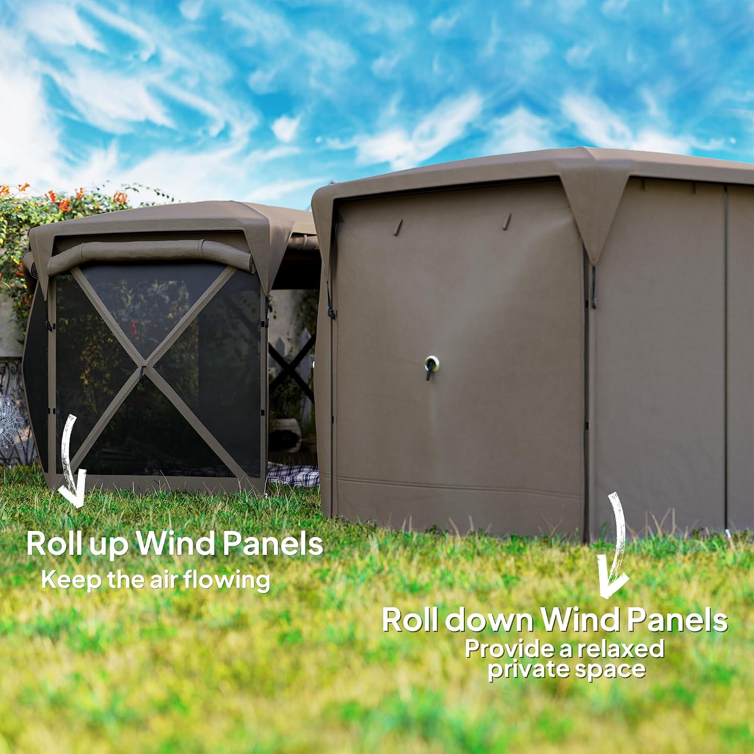 Outsunny Pop Up Gazebo Screen Tent House, 11 x 11ft with UPF30+ Removable Roof Cover, 4 Roll-up Wind Panels and Carry Bag for Camping, Patio, Backyard, Lawn, Brown