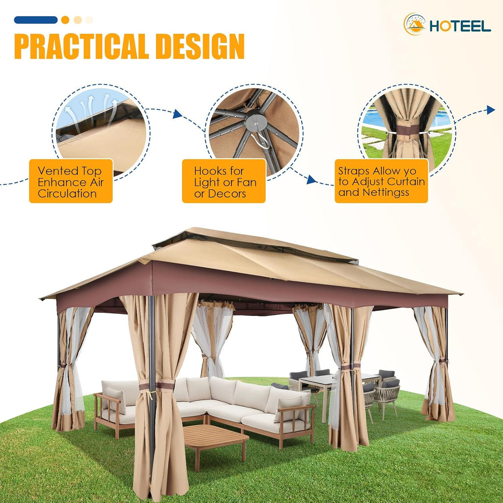 HOTEEL Gazebo 12x20, Outdoor Gazebo on Clearance with Double Ventilated Arc Roof, Privacy Curtains & Mosquito Netting, Easy Set up Canopy Tent with Stable Metal Frame for Patio, Khaki (Windproof)