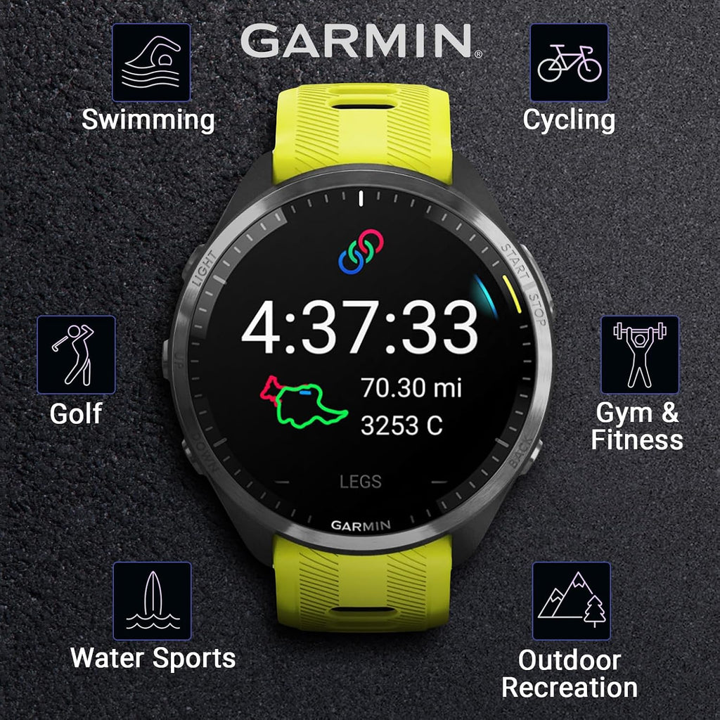 Garmin Forerunner 965 Premium GPS Running and Triathlon 47 mm Smartwatch with AMOLED Touchscreen Display, Carbon Gray DLC Titanium Bezel and Yellow Silicone Band + Black Earbuds Bundle