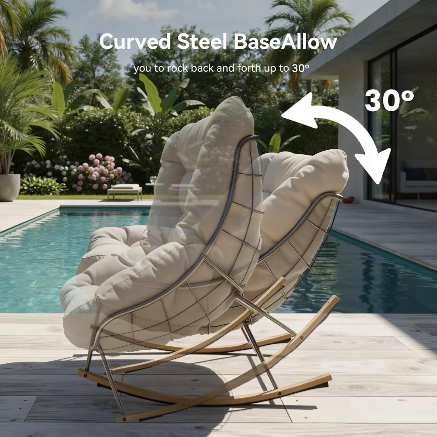 Outdoor Patio Rocking Chair, Oversized Papasan Chair with Cushion and Frame, Comfy Modern Rocker Egg Chair for Living Room, Garden Backyard, Beige