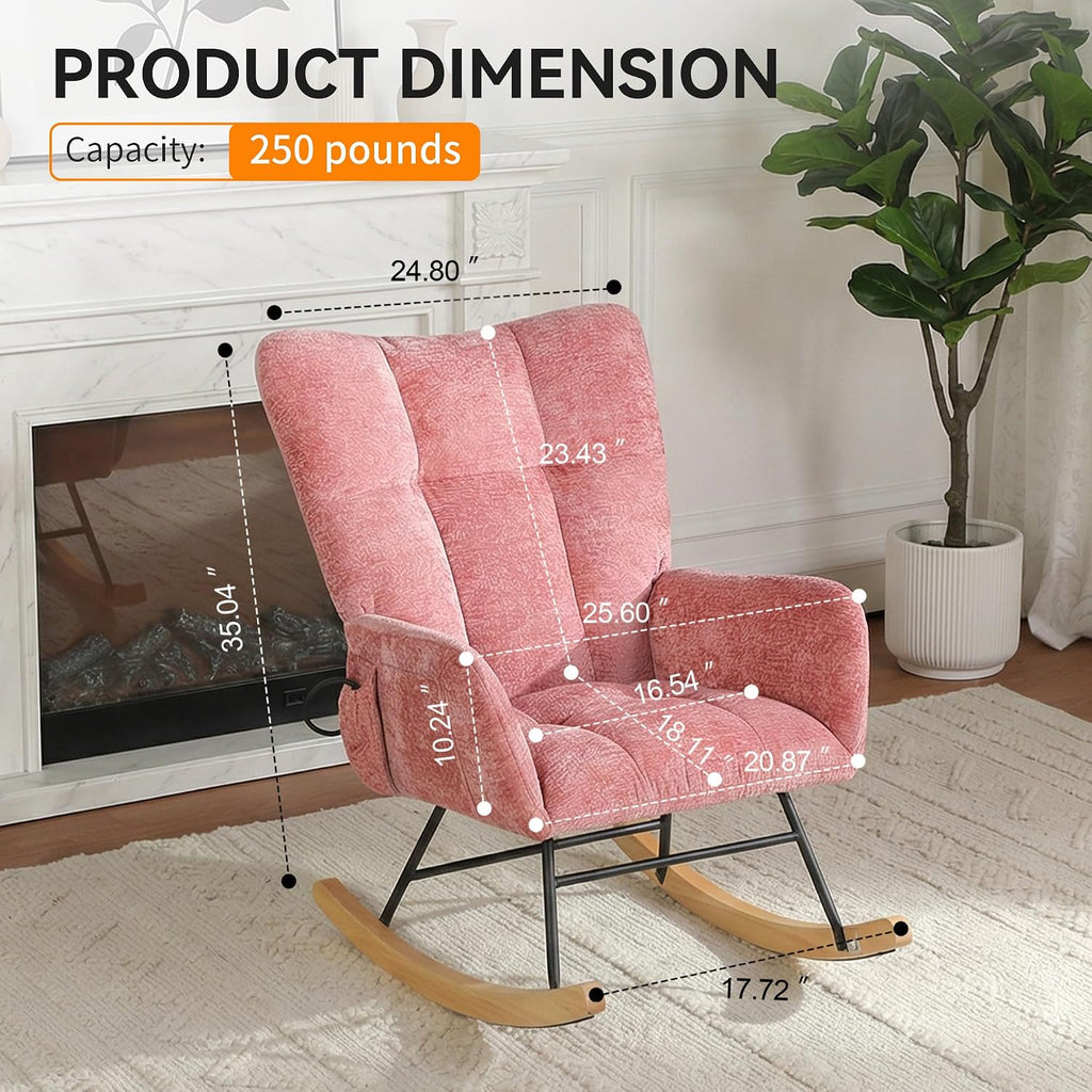 Rocking Chair with Airbag, Comfy Modern Reading & Nursing Nursery Rocking Chair Indoor, Cozy Upholstered Glider Rocker Chairs for Living Room Bedroom Offices, (Chenille, Pink)