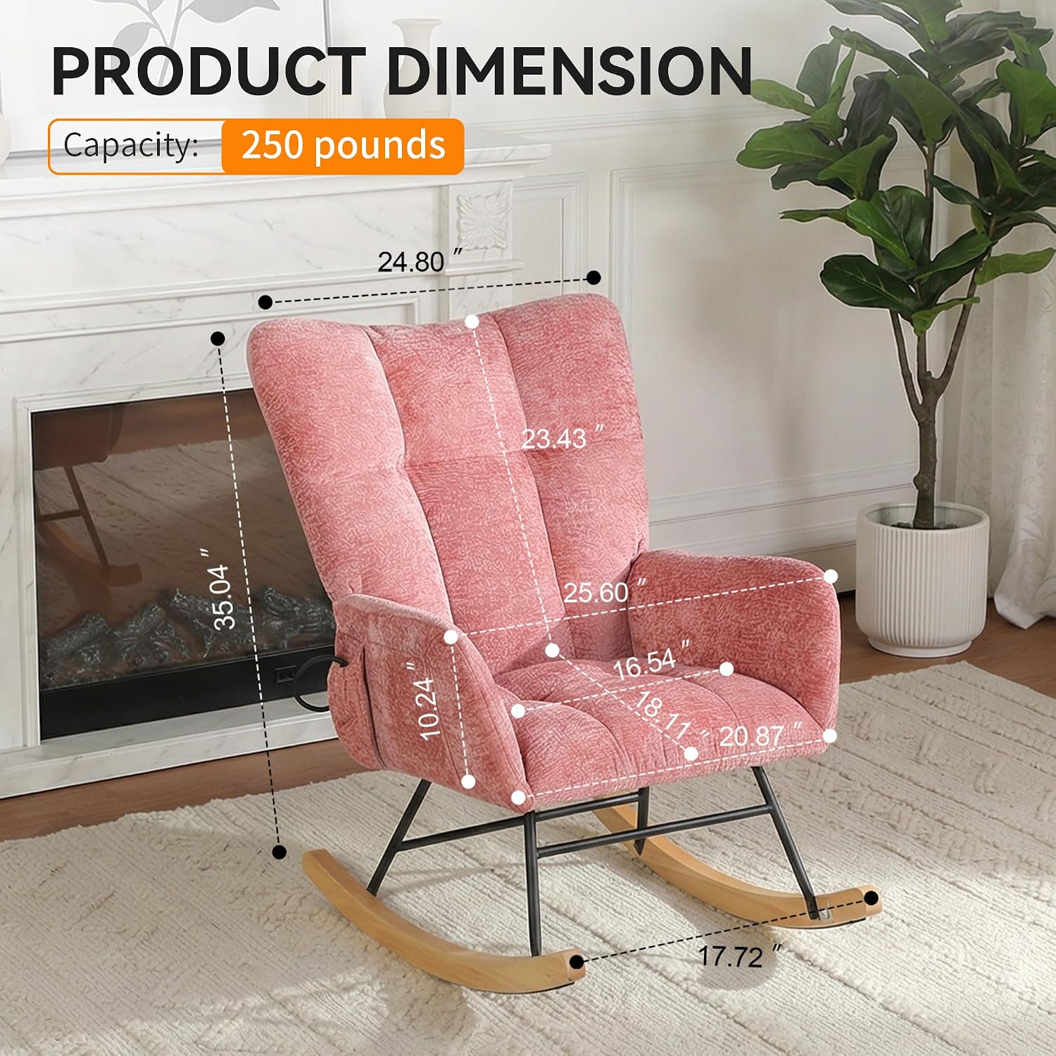 Rocking Chair with Airbag, Comfy Modern Reading & Nursing Nursery Rocking Chair Indoor, Cozy Upholstered Glider Rocker Chairs for Living Room Bedroom Offices, (Chenille, Pink)