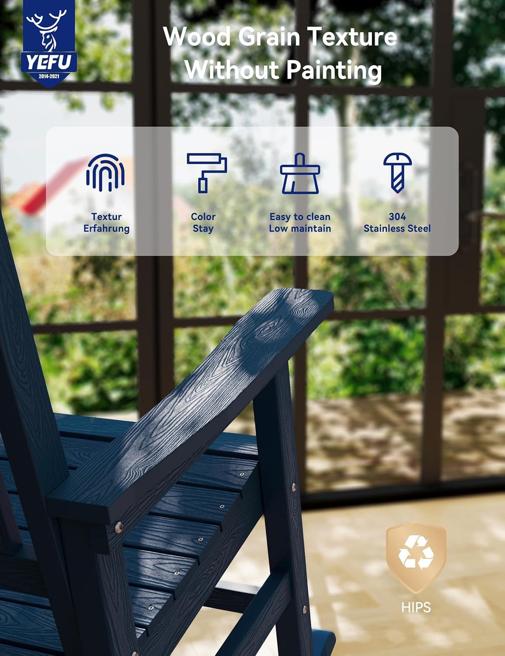 YEFU Outdoor Rocking Chair Porch: Outdoor Patio Rocking Chairs-Oversized Rocker Chair-All Weather Poly Rocker Lawn Chairs for Adult-Seat Area 22'x21'-Backrest Height 31'-380lbs Weight Capacity-Navy
