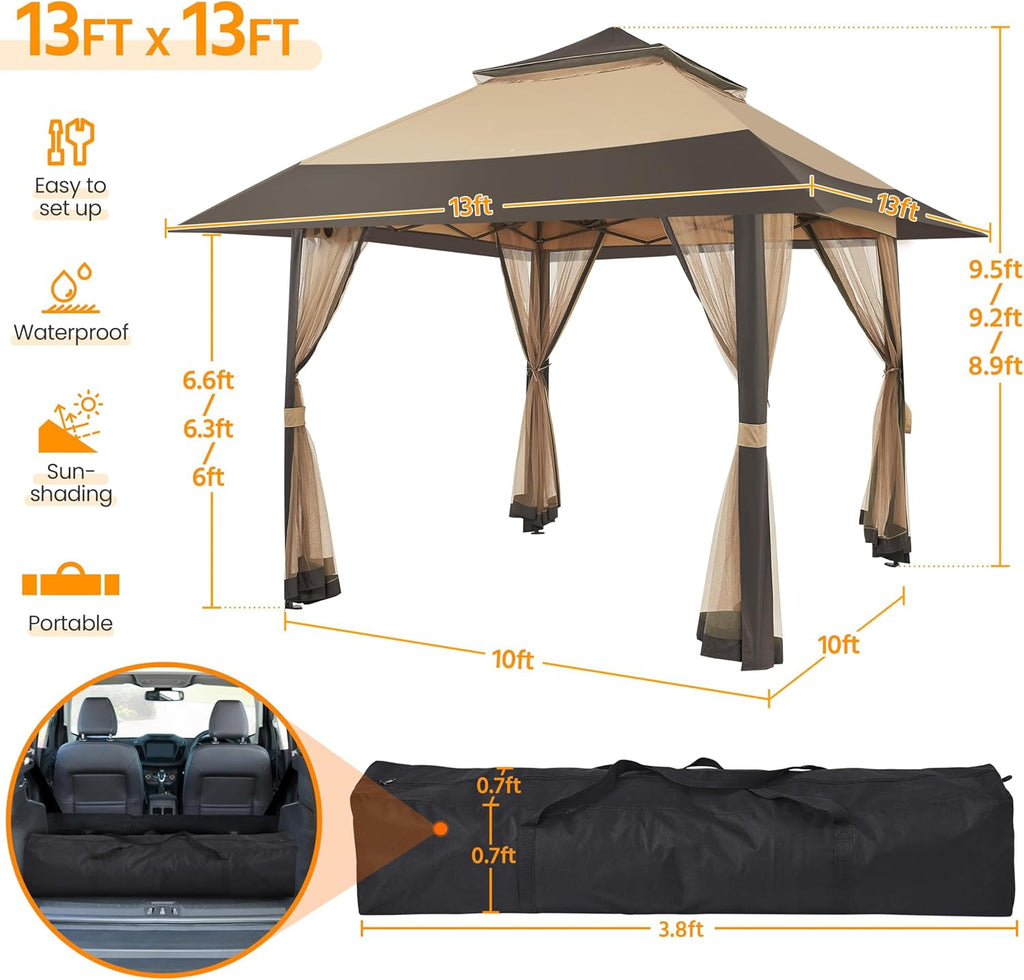 Yaheetech 13x13 Pop Up Gazebo Outdoor Canopy Shelter, Instant Patio Gazebo Sun Shade Canopy Tent with 4 Sandbags, Double Tiers & Mesh Netting for Lawn, Garden, Backyard & Deck, Khaki