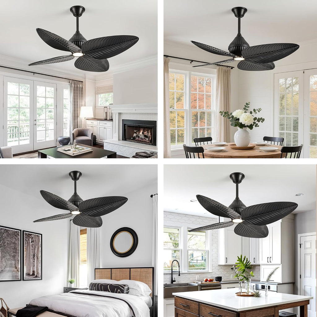 52' Tropical Ceiling Fans with Lights, Indoor Palm Leaf Ceiling Fan with Light and Remote for Living Room Bedroom, ABS Blades, Dimmable LED Lights, 6 Speeds, Adjustable Height-Black