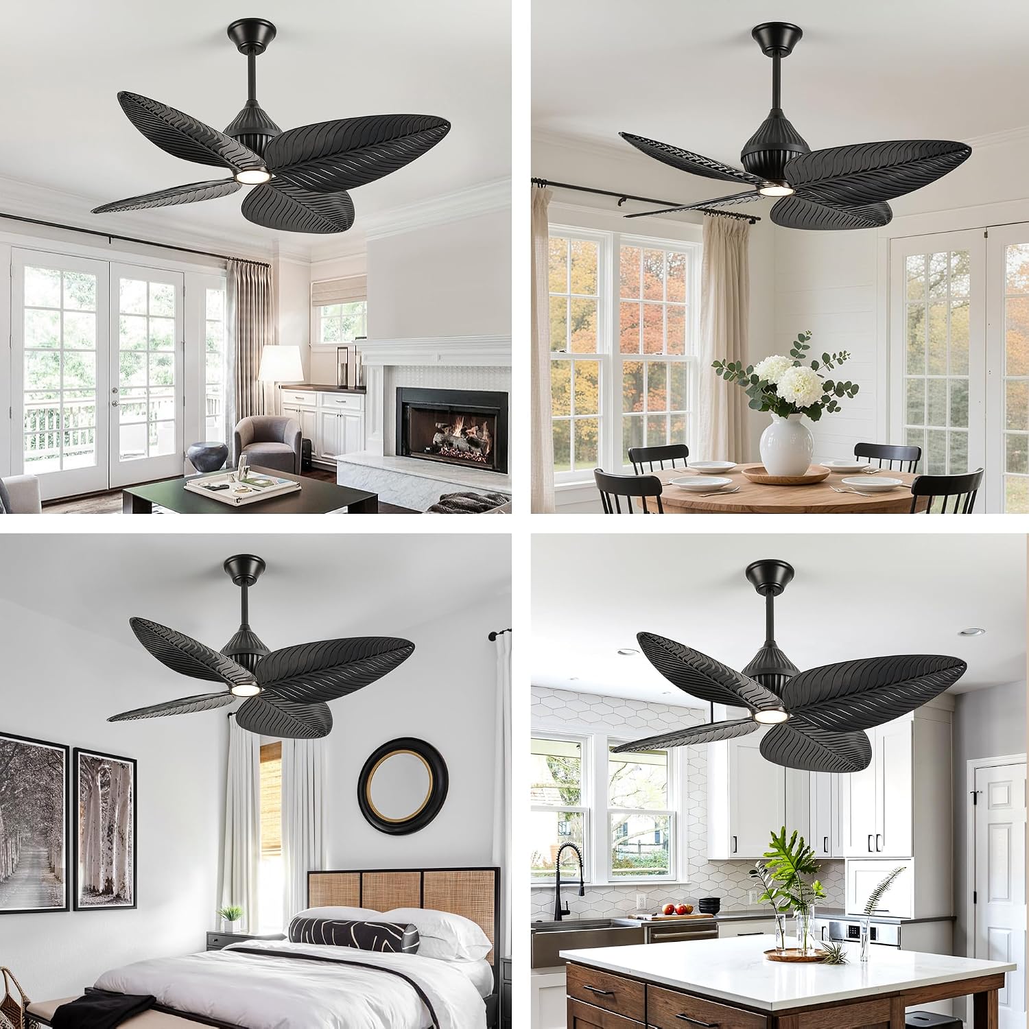 52' Tropical Ceiling Fans with Lights, Indoor Palm Leaf Ceiling Fan with Light and Remote for Living Room Bedroom, ABS Blades, Dimmable LED Lights, 6 Speeds, Adjustable Height-Black