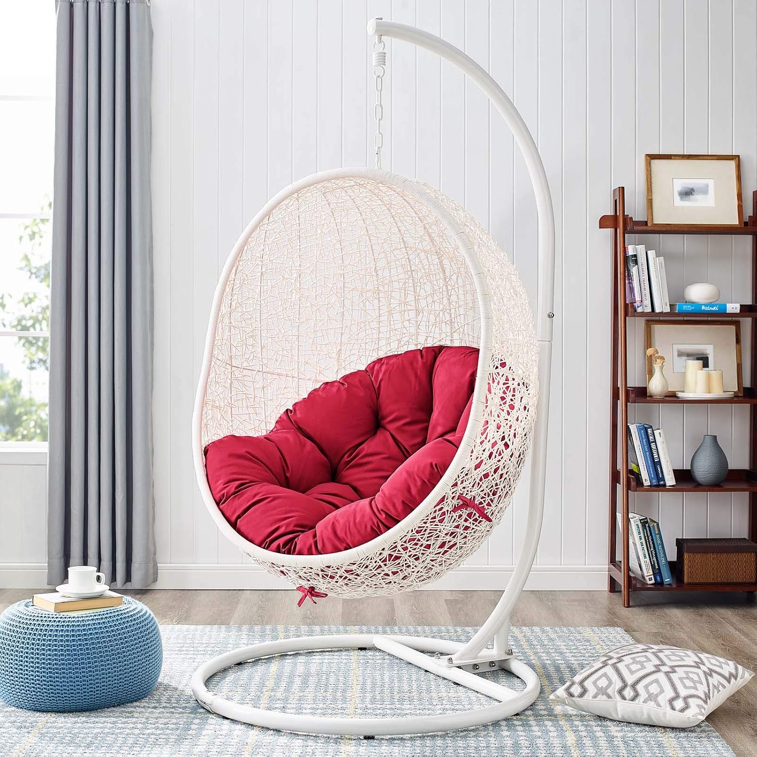 LexMod EEI-2273-WHI-RED Hide Outdoor Patio Swing Chair, White Red
