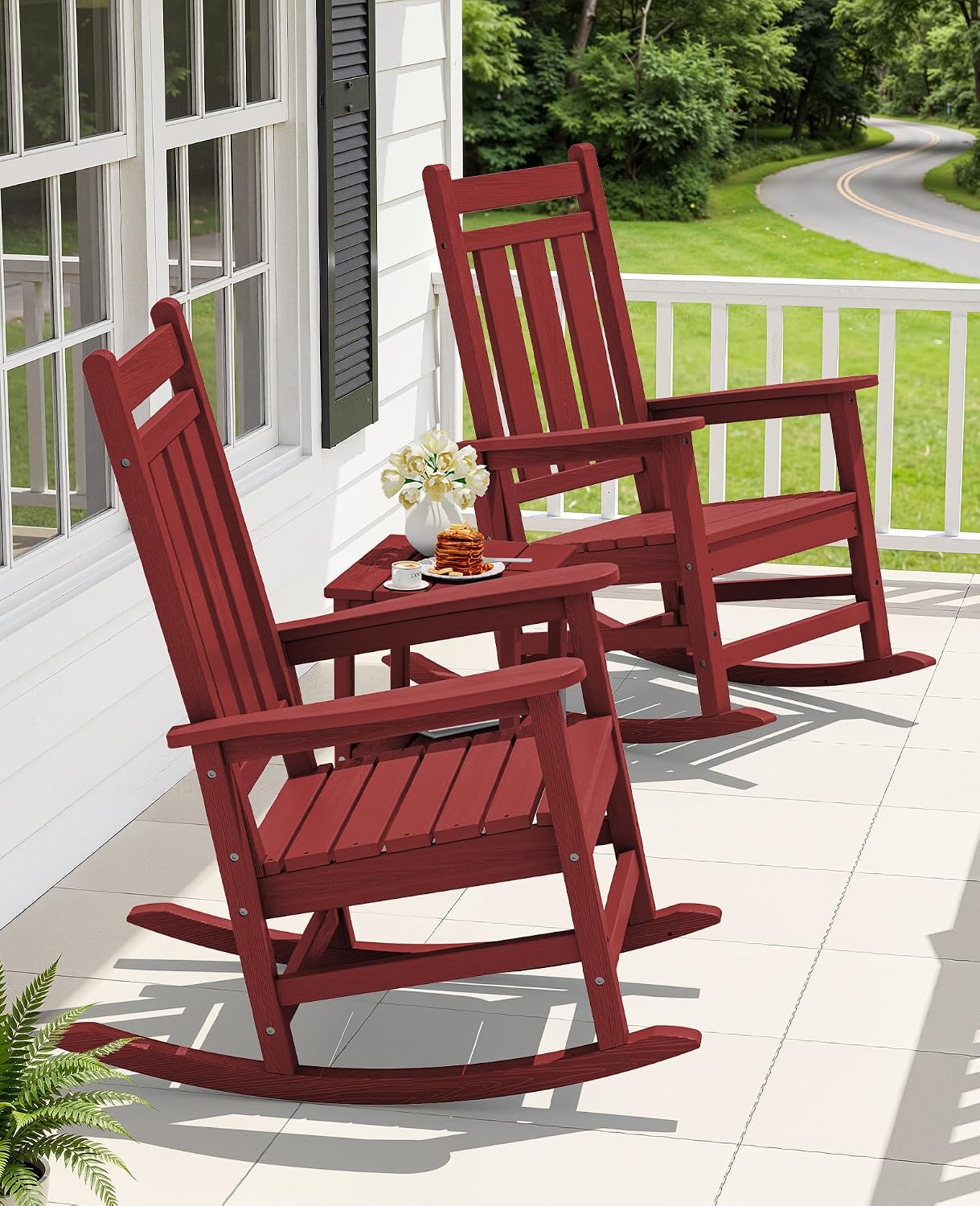KINGYES Oversized Outdoor Rocking Chair Set of 2, All-Weather Patio Rocking Chairs for Porch, HDPE Outdoor Patio Rockers with High Back & Wide Seat for Garden, Lawn, Red