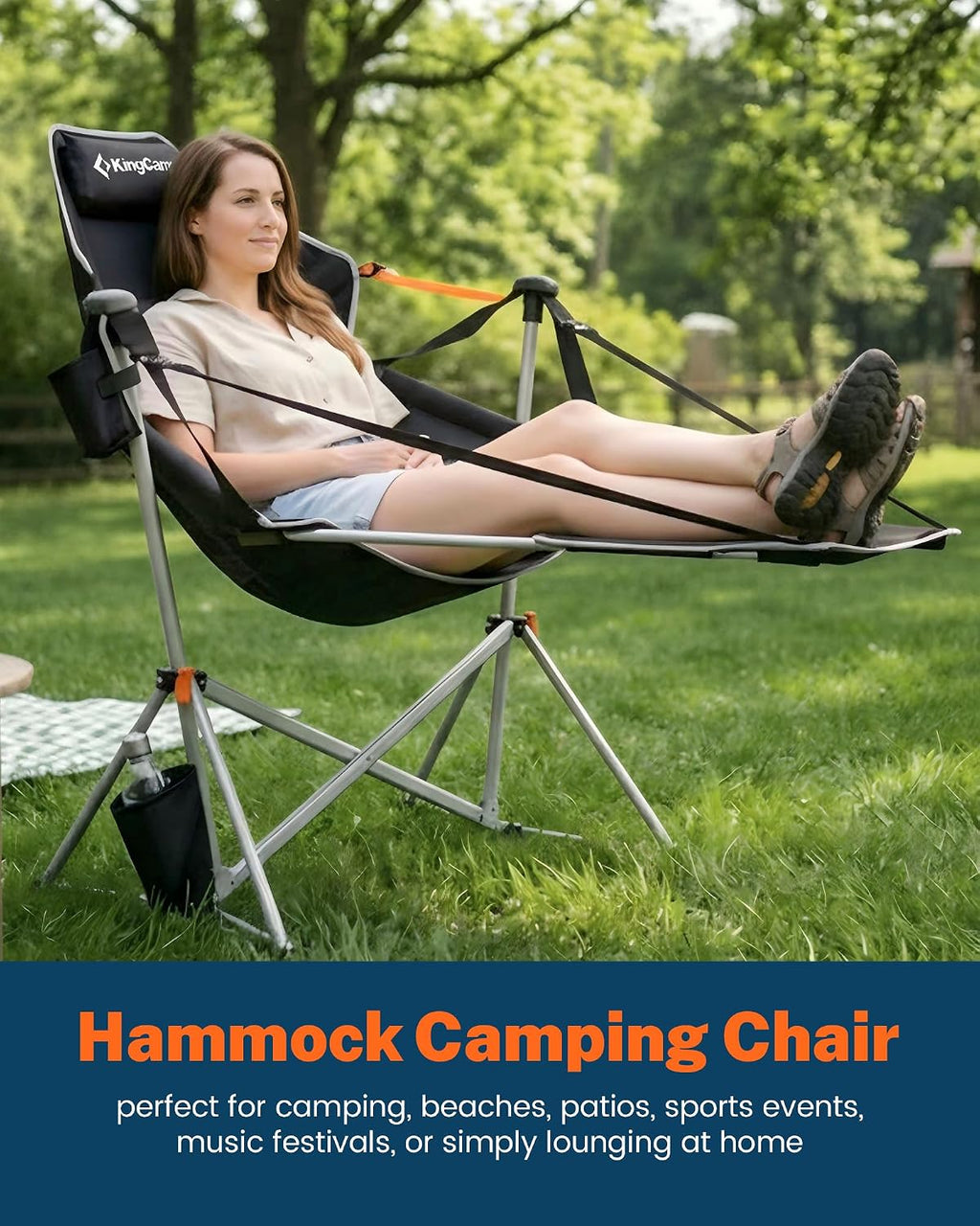 KingCamp Hammock Chair with Footrest – Heavy Duty Swinging Rocking Camping Chairs for Adults up to 400lbs, Folding Portable Oversized Rocker with Cup Holder & Pillow for Outdoor Beach Lawn RV Sports
